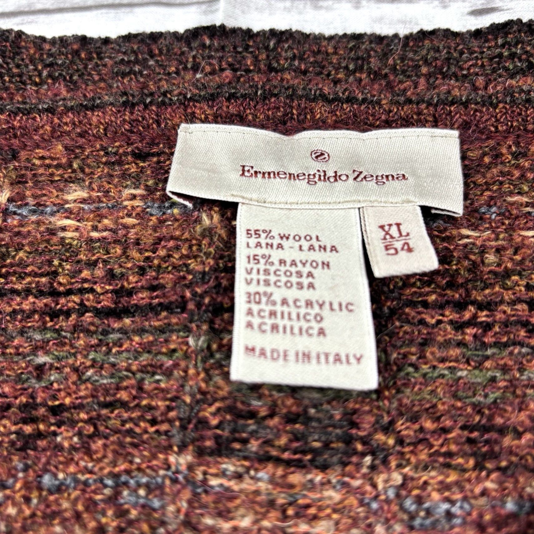 VINTAGE Ermenegildo Zegna Wool Blend Sweater Men Multicolor Brown Striped Crew Neck XL 54 Pullover Knit Vintage Designer Italian Regular