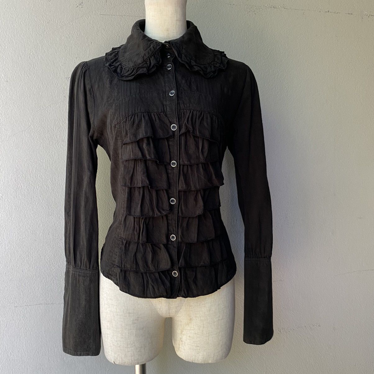 PEACE NOW Y2K Punk Black Ruffled Long Sleeve Blouse