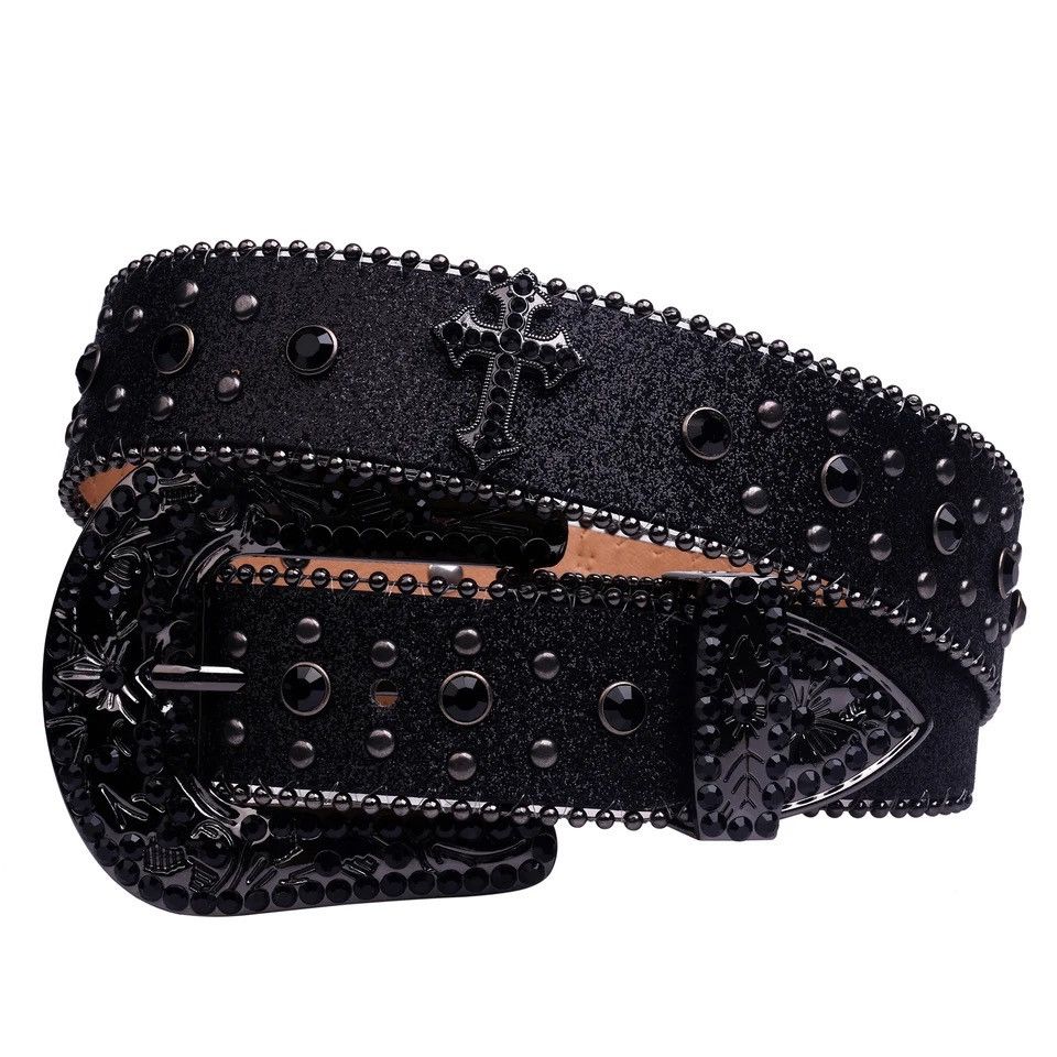 image of Leather Cowboy Cross Rhinestone Belt in Black, Men's