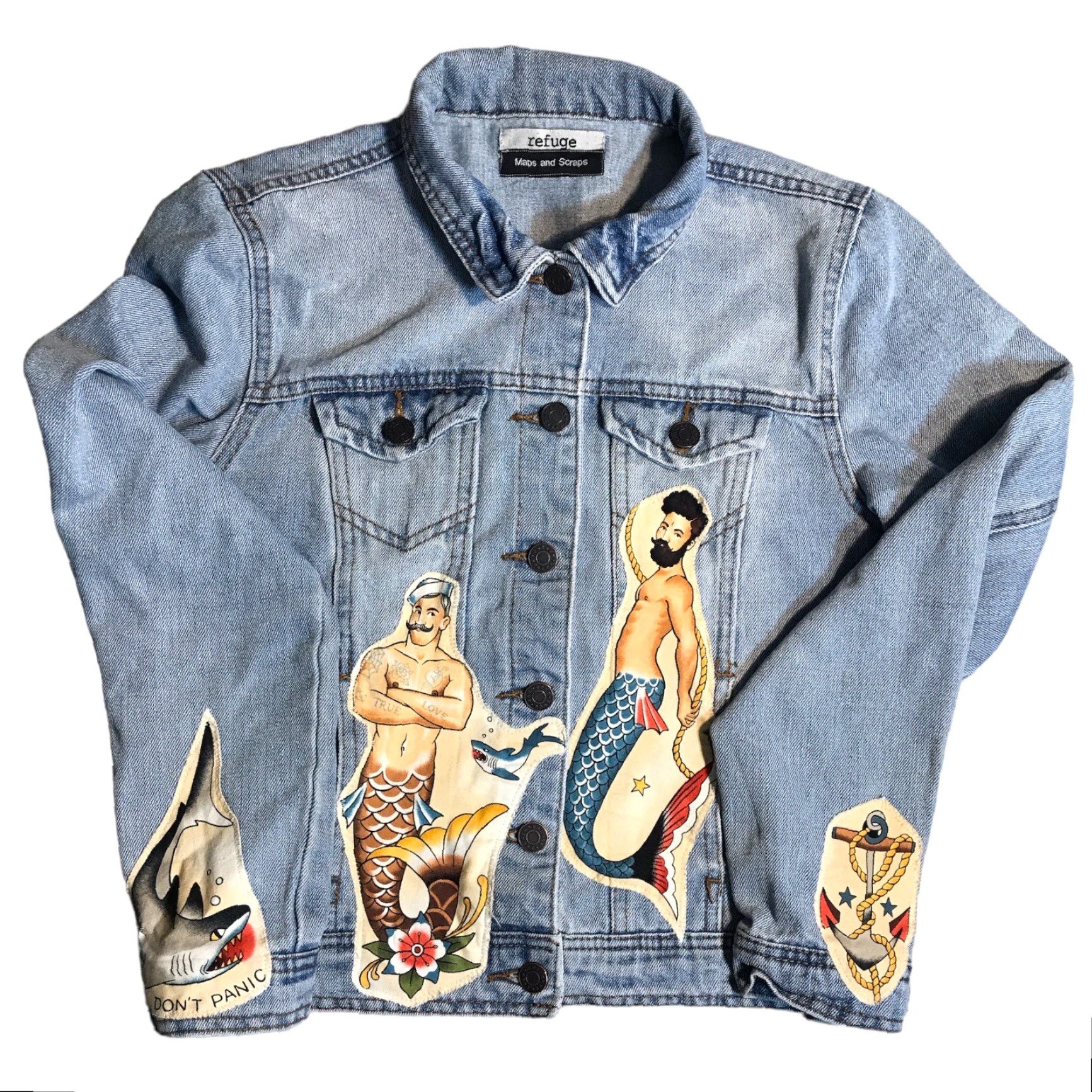 Denime REFUGE Blue Denim Jean Jacket Patches Womens Medium Mermaid Sailor Color Blue Size 32" / US 10 / IT 46 - 2 Thumbnail