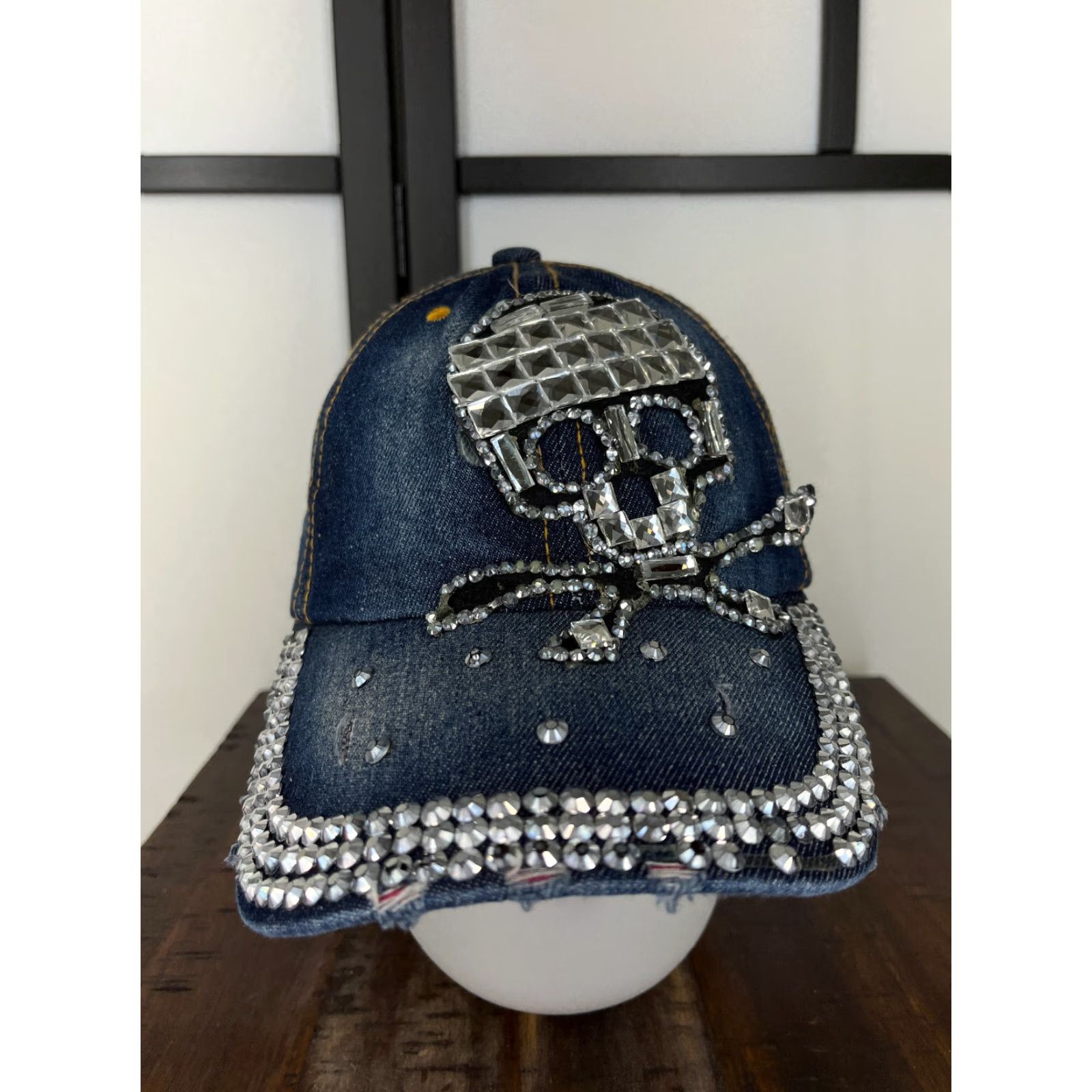 Vintage Blue Denim Skull Hat Cap Strap Back Womens One Size Cotton Twill Rhinestone Adjustable Beaded Beach Outdoor Baseball Cap Womens Hats Size ONE SIZE - 2 Thumbnail
