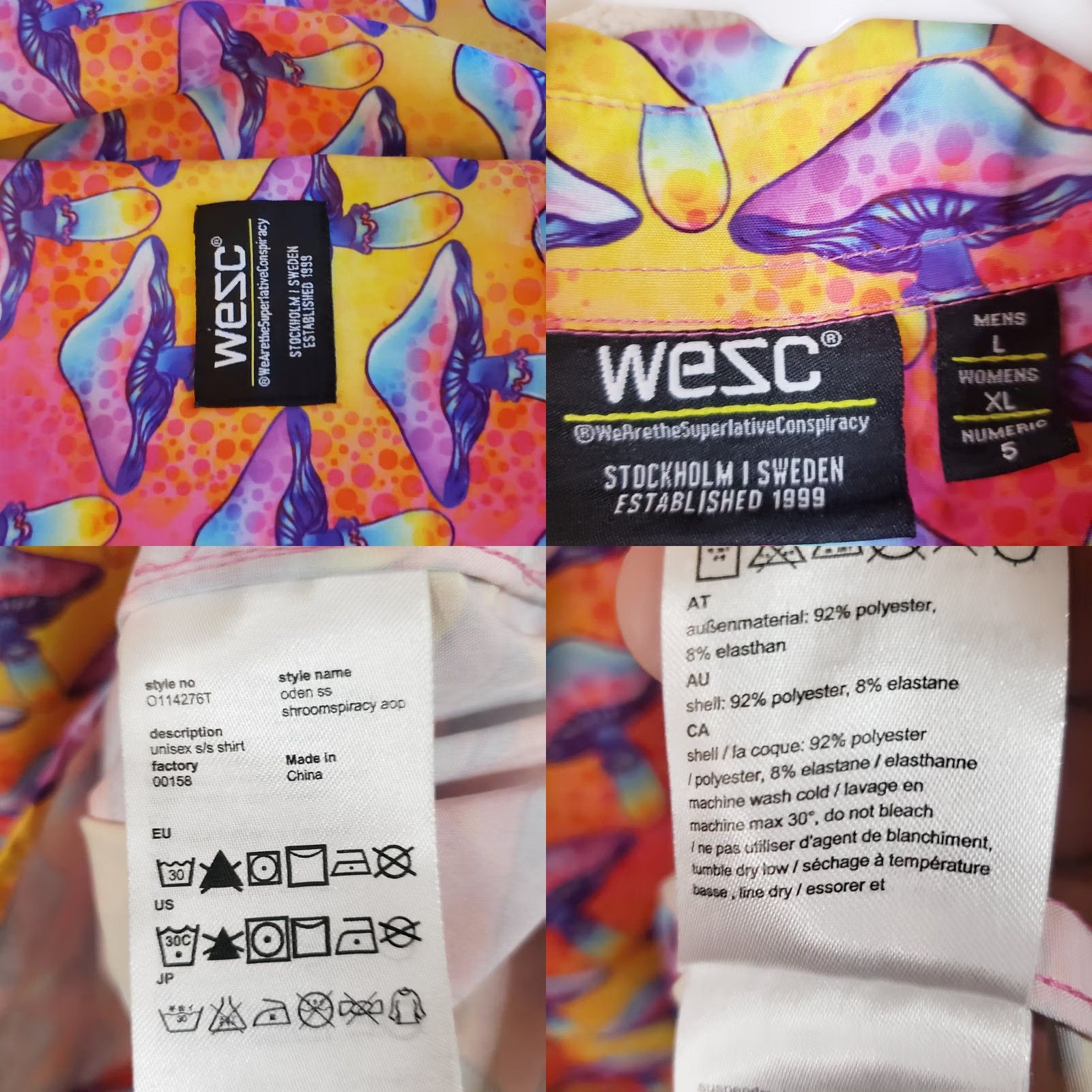 WeSC WeSC Aloha Hawaiian Camp Shirt Mens L Pink Yellow Purple Mushroom Pattern Sweden Size US L / EU 52-54 / 3 - 9 Thumbnail