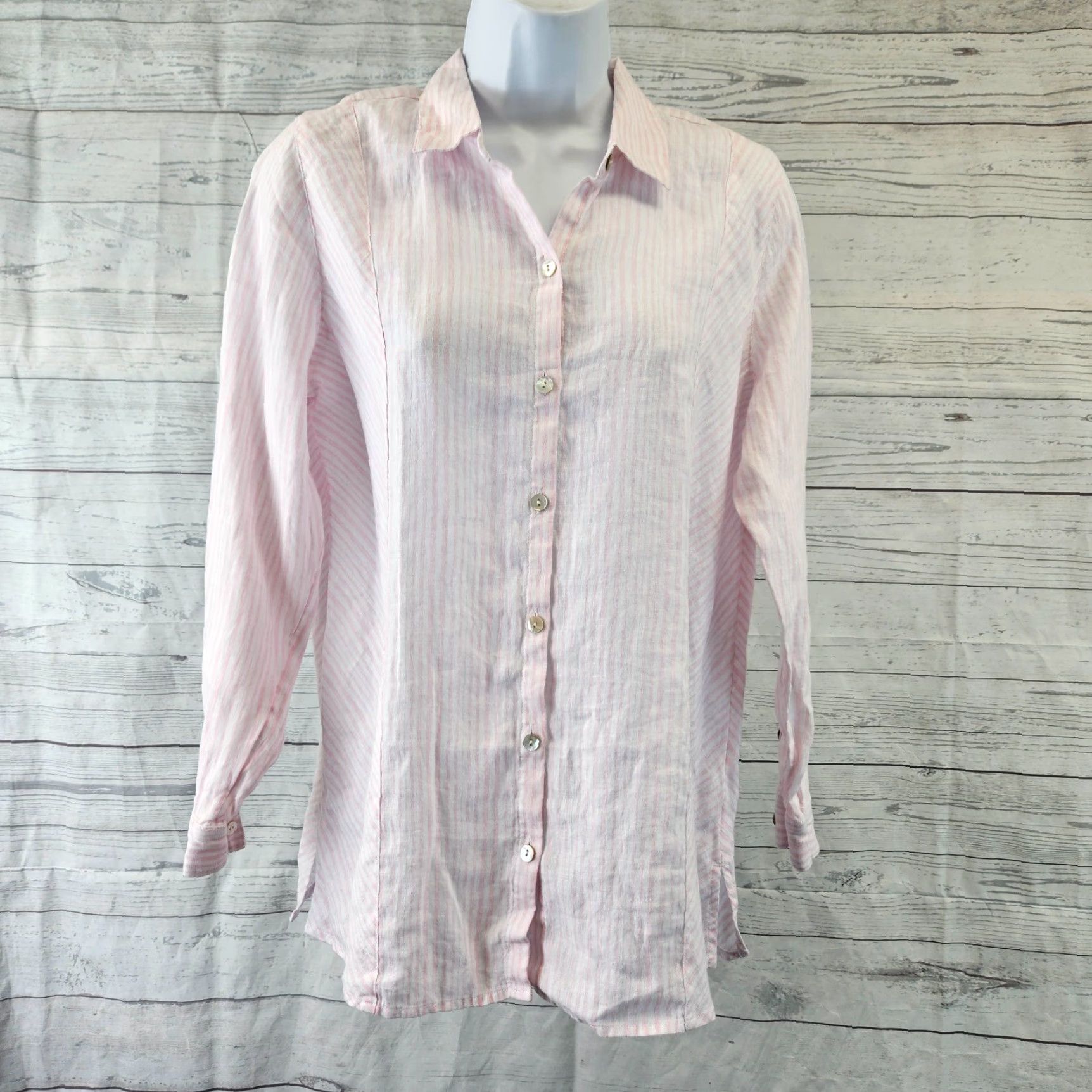 J. Jill J. Jill Love Linen Button-Up Shirt PS Petite Pink White Stripe Womens Shirt Women Petite Small Linen Striped Button-Up Long Sleeve Collared Size S / US 4 / IT 40 - 2 Thumbnail