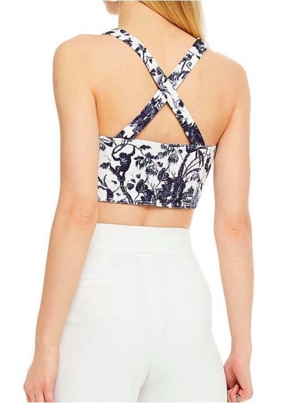 Erdem ERDEM White and Navy Botanical Cross-Back Crop Top Size XL / US 12-14 / IT 48-50 - 3 Thumbnail