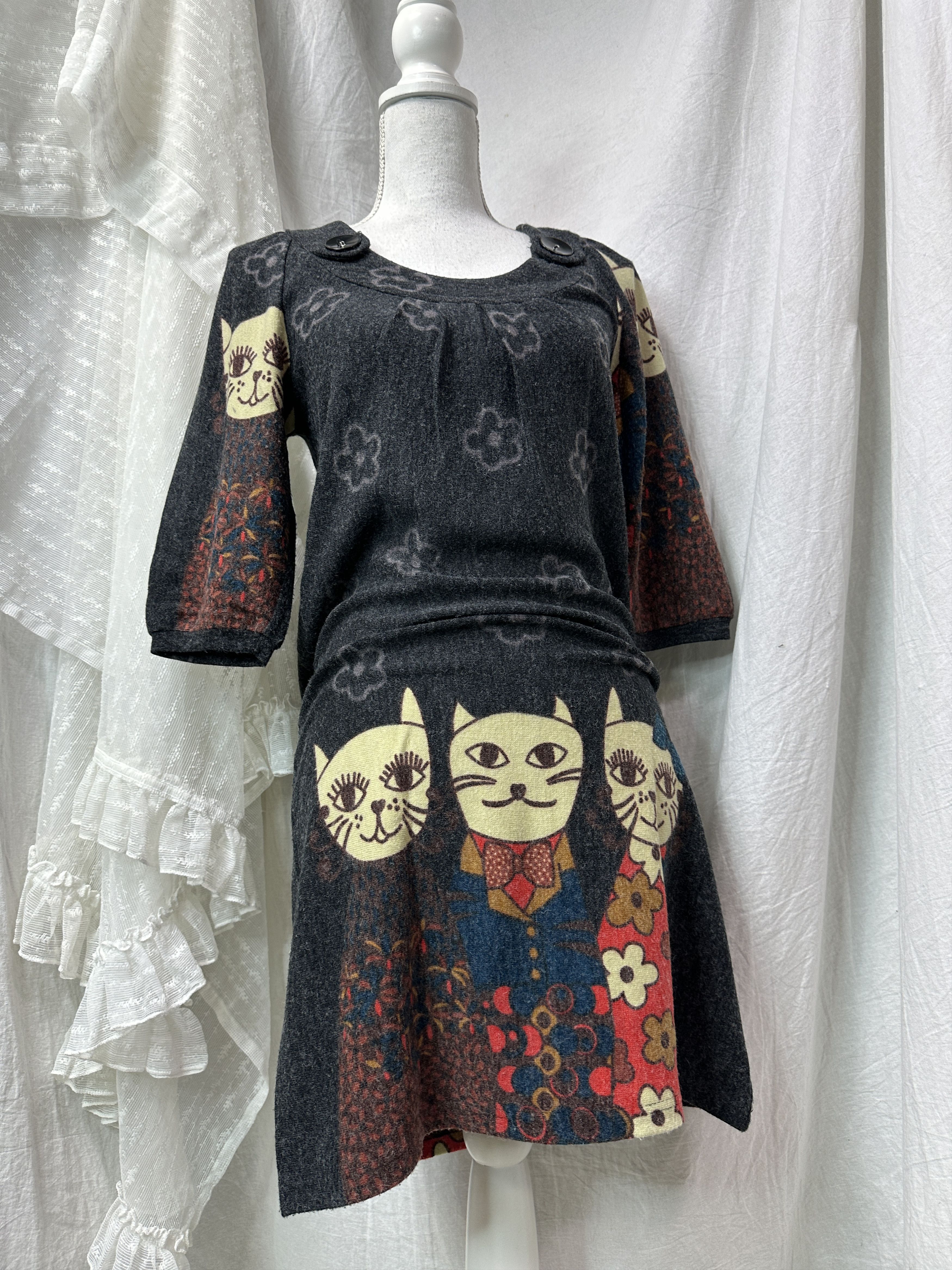 Vintage Vintage Old School Artsy Printed Cats Printed Dress 90s Size S / US 4 / IT 40 - 1 Thumbnail