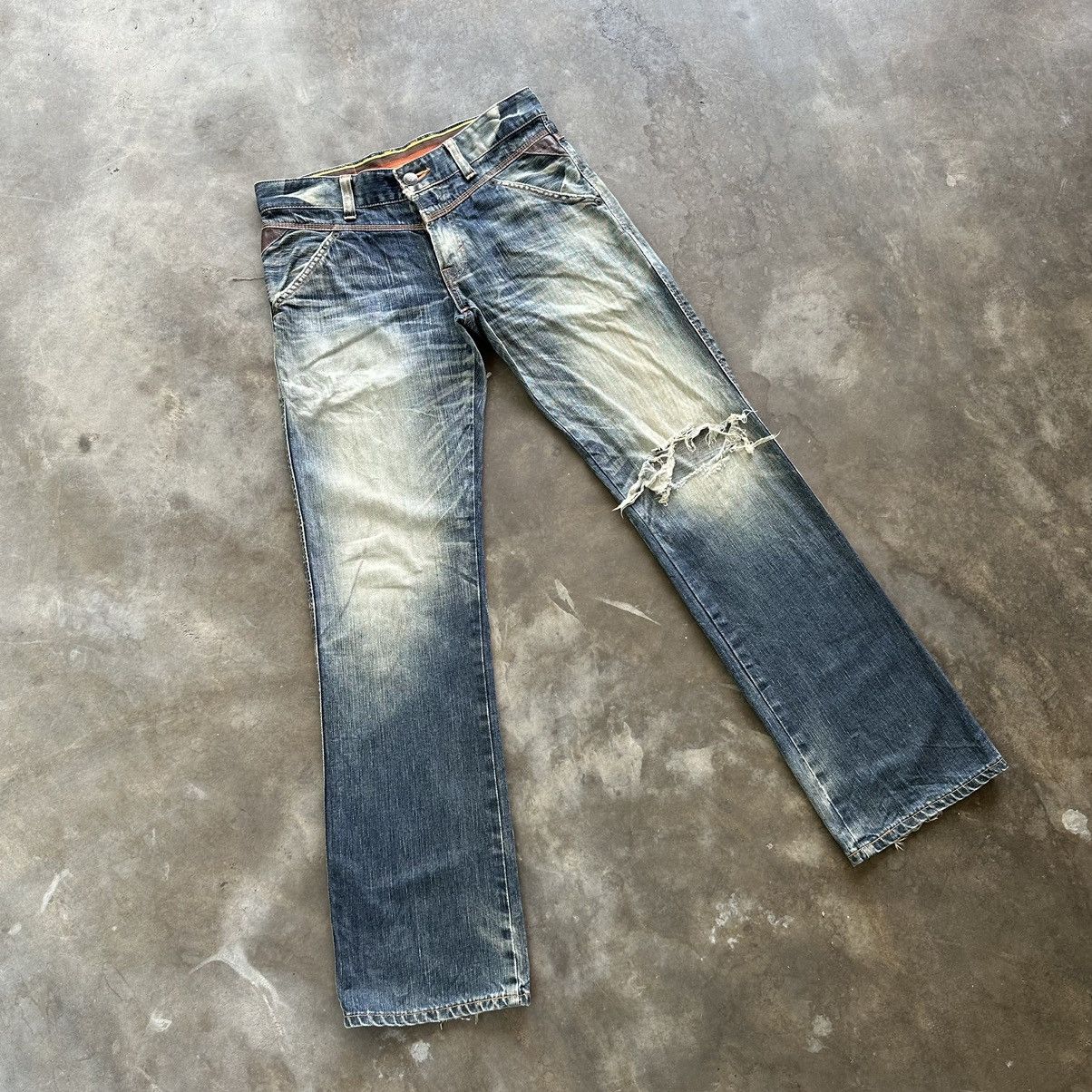 Edwin × Jean × Vintage Vintage Edwin Blue Trip Distressed Faded Denim Jean Pant W33 Size US 33 - 2 Thumbnail