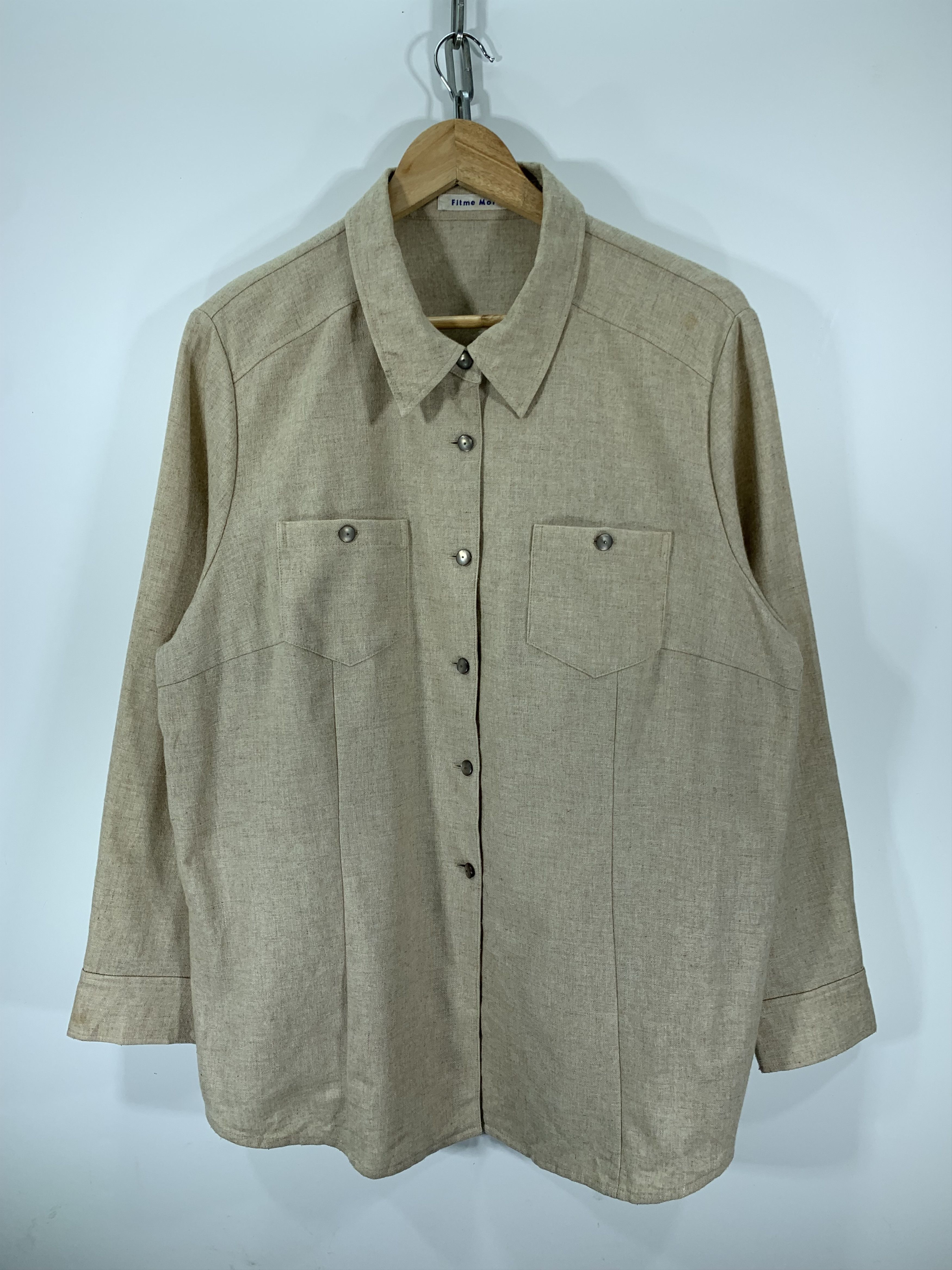 image of Flannel x Vintage Fitme Moi Linen Shirt Button Up in Linen Khaki, Men's (Size Large)