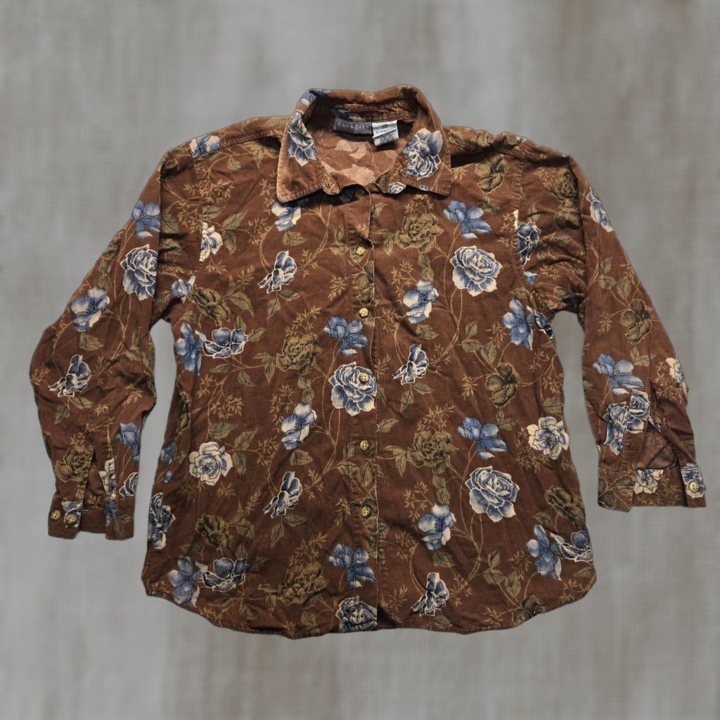 Vintage Capacity Shirt Brown W/ Blue Flowers Floral Button Up Cotton Women's L Hawaiian Floral Shirt Women L Brown Blue Flowers Cap City? Size L / US 10 / IT 46 - 1 Thumbnail