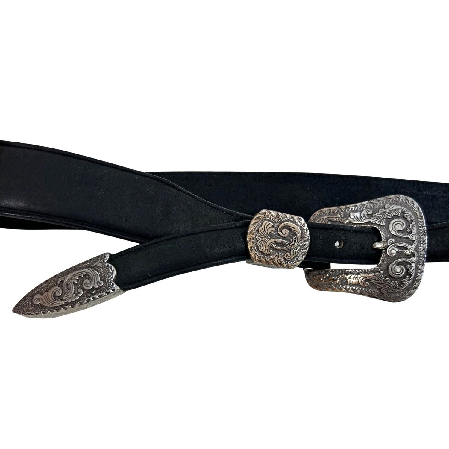 Justin Justin Belt Black 30 Vtg Leather USA Silver-plated 1993 Eng Size ONE SIZE - 14 Thumbnail
