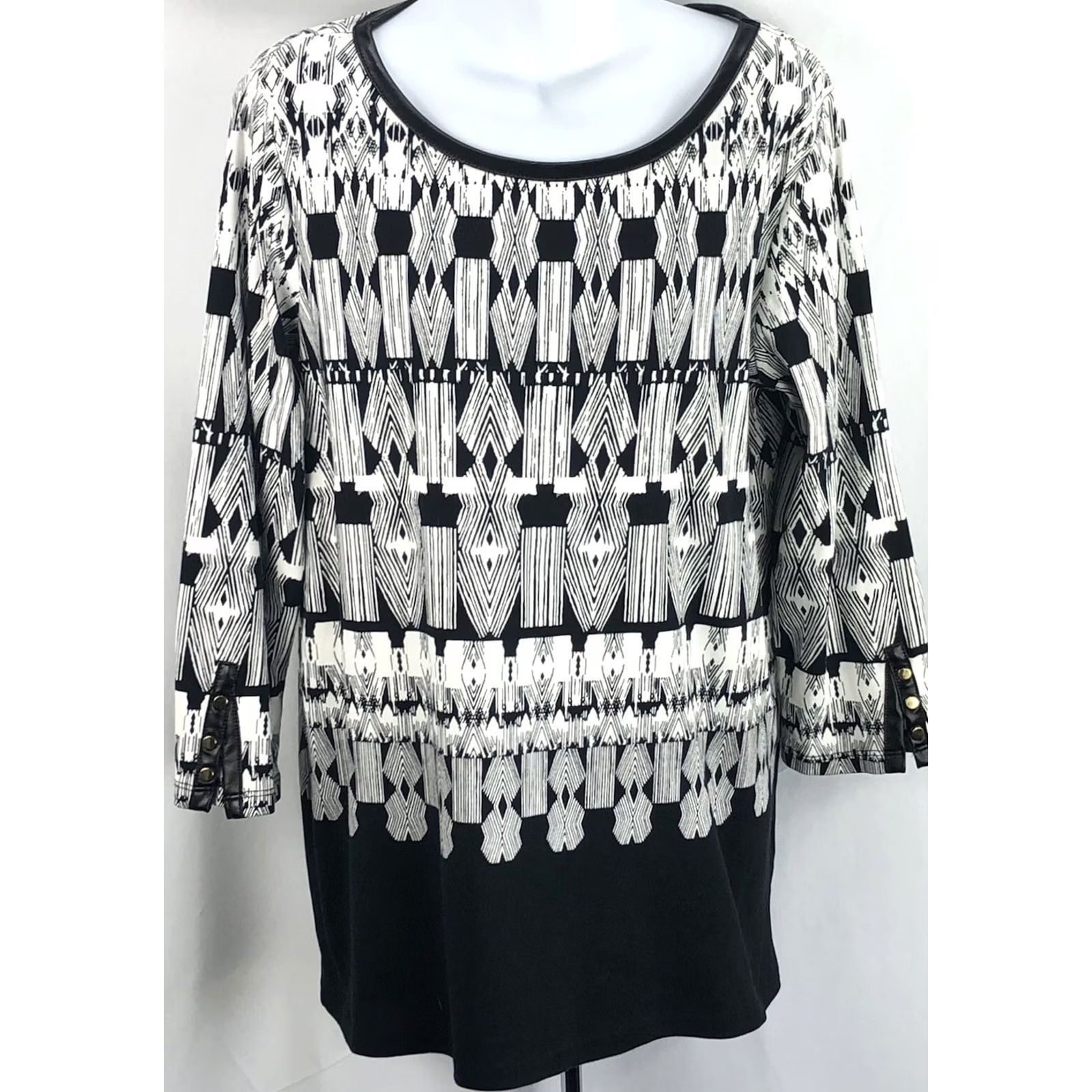 Vintage Rafaella Tunic Top XL Geometric 3/4 Sleeve Faux Leather Trim Button Up Blouse Womens Size XL / US 12-14 / IT 48-50 - 2 Thumbnail