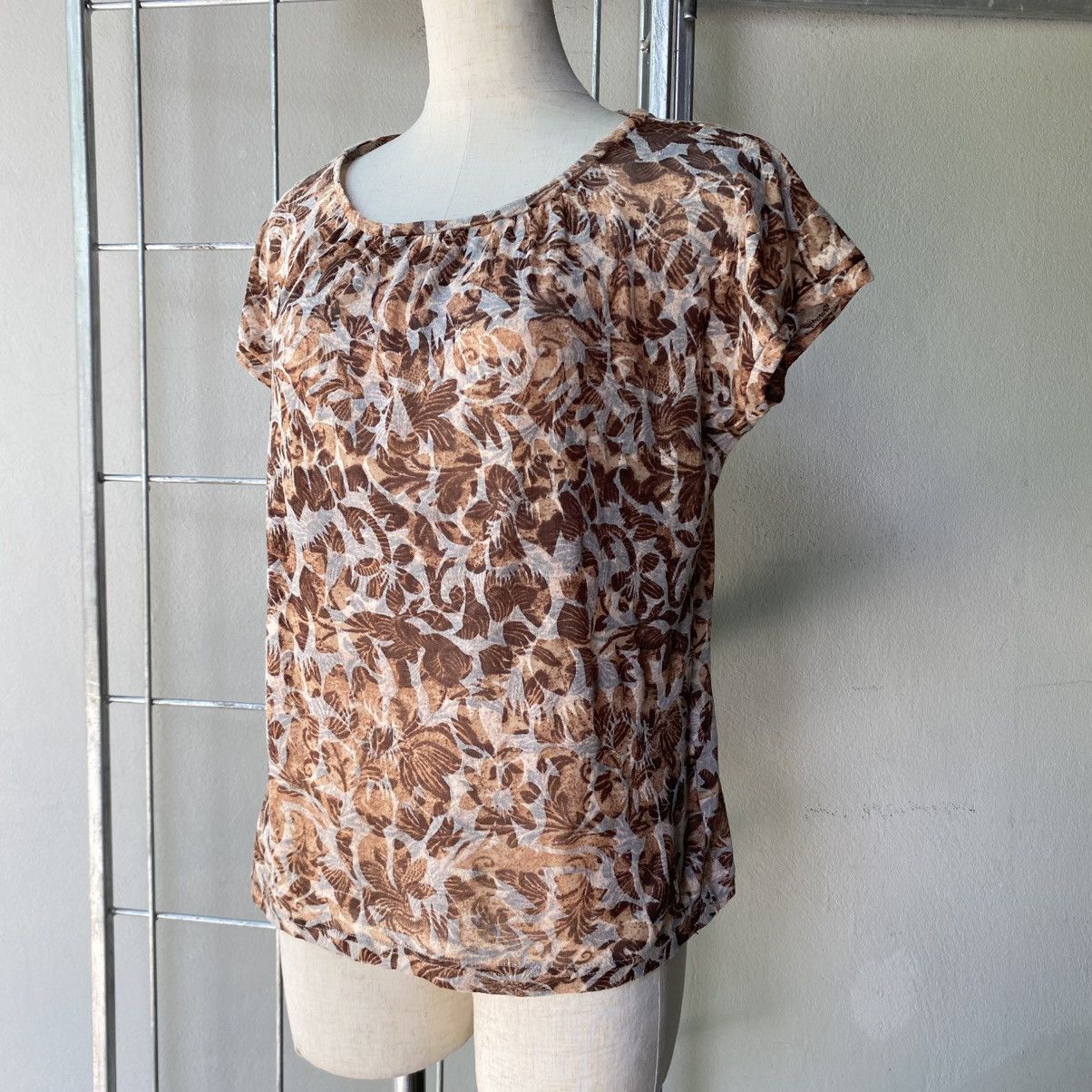 Issey Miyake Plantation Brown Leaf Print Short Sleeve Blouse Size M / US 6-8 / IT 42-44 - 15 Thumbnail