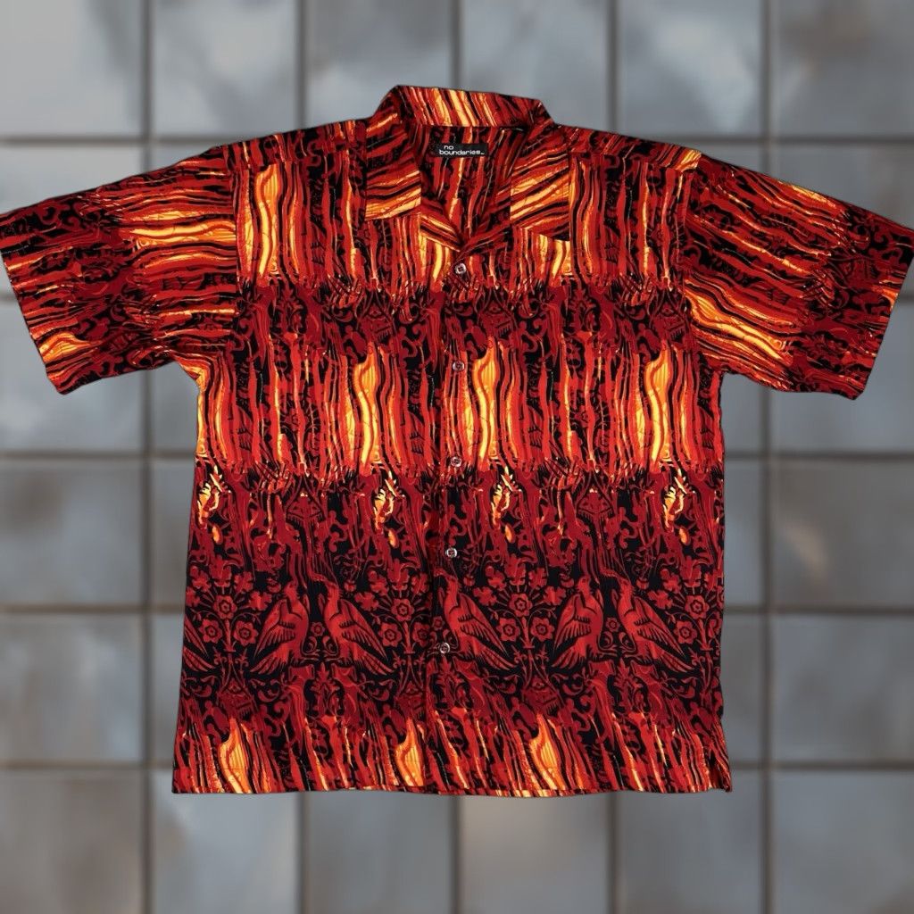 Vintage VINTAGE No Boundaries Button-Up Shirt Mens Large L Graphic Fire Flames Retro Knit? Size US L / EU 52-54 / 3 - 1 Thumbnail