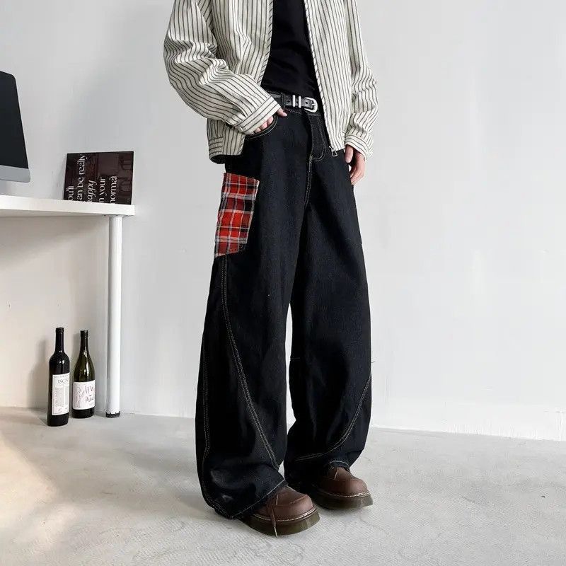 Japanese Brand Retro loose wide leg plaid patchwork jeans Size US 32 / EU 48 - 4 Thumbnail