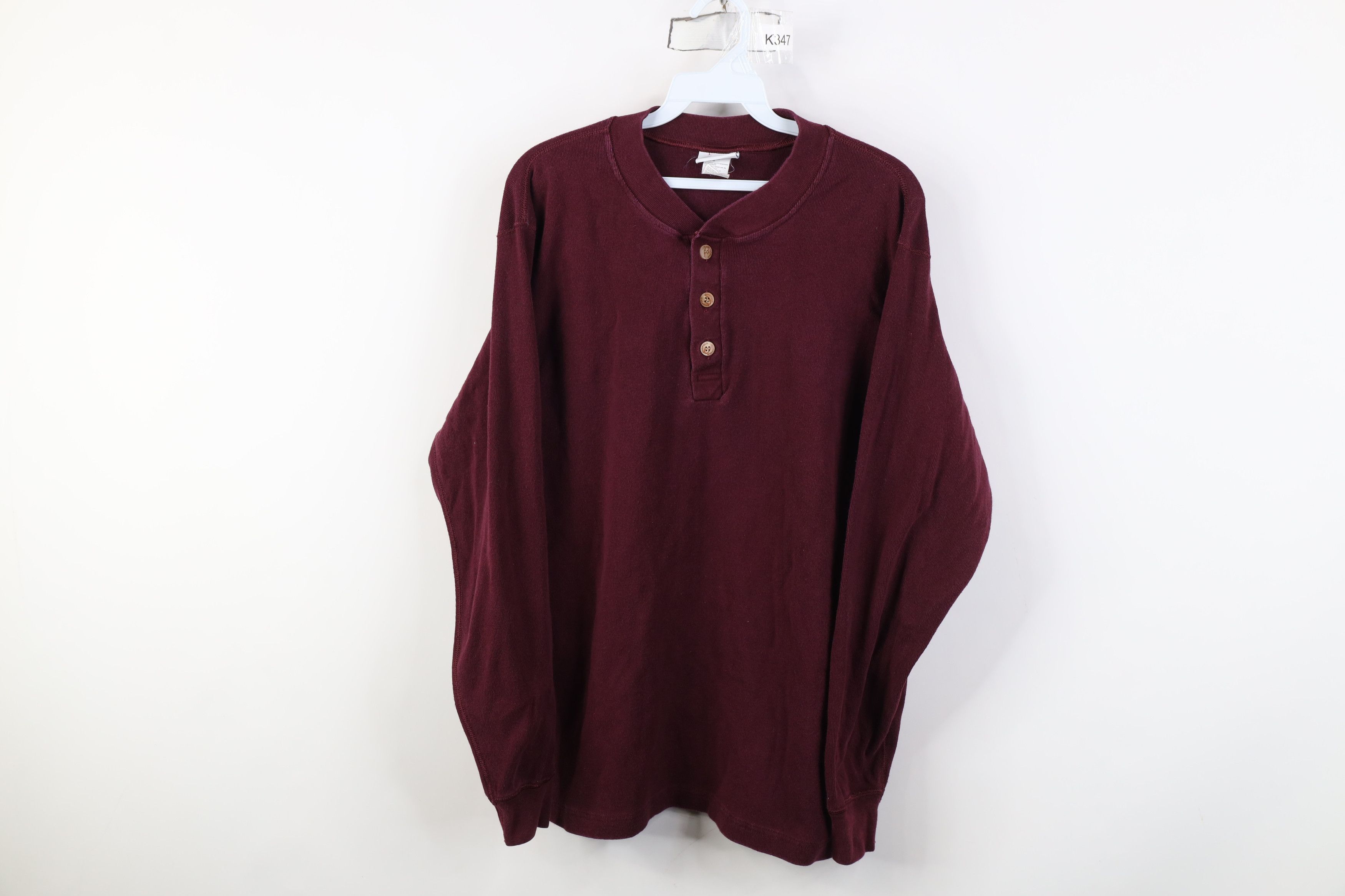 Vintage Vintage 90s Streetwear Ribbed Knit Henley T-Shirt Maroon Size US L / EU 52-54 / 3 - 1 Thumbnail