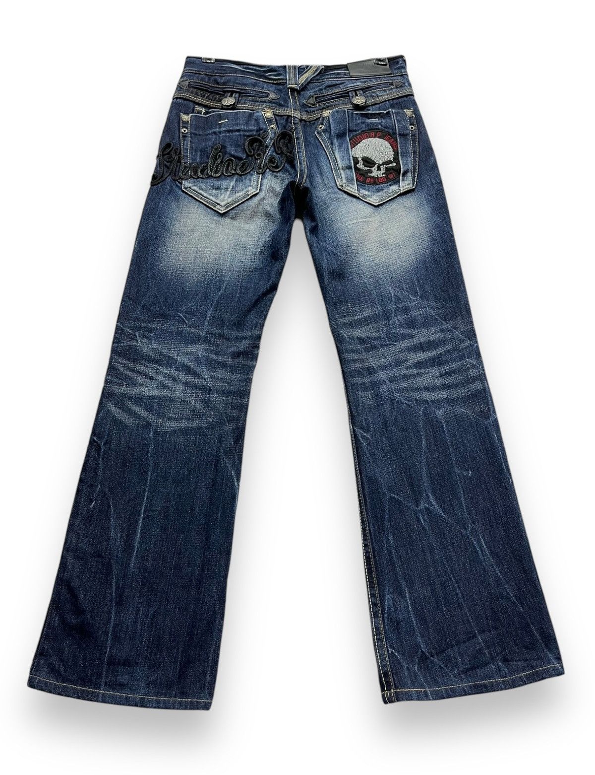 STUDIOUS FYE🔥STUDIO RP Punk Skull Patches Whiskered Blue Flare Denim Size US 28 / EU 44 - 5 Thumbnail