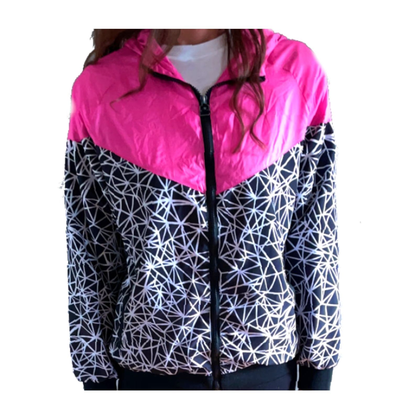 Pinko VINTAGE Abstract Pink Black Geometric Print Full-Zip Hooded Windbreaker Jacket 90s L-XL Size L / US 10 / IT 46 - 7 Thumbnail