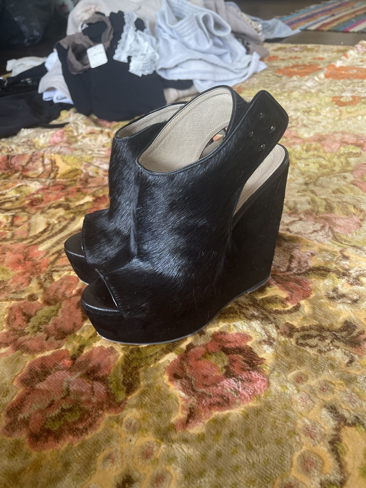 L'AGENCE Peep toe black pony hair wedge platforms Size US 8.5 / IT 38.5 - 1 Thumbnail