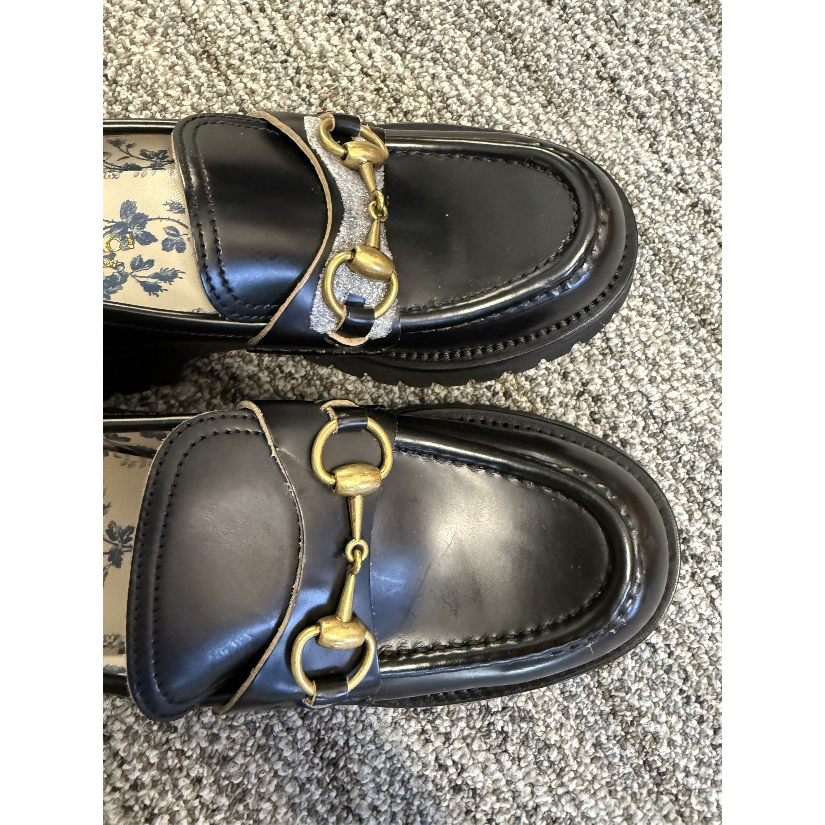 Gucci Gucci Womens Black Leather Horsebit Loafers With Embroidered Size US 8 / IT 38 - 9 Thumbnail