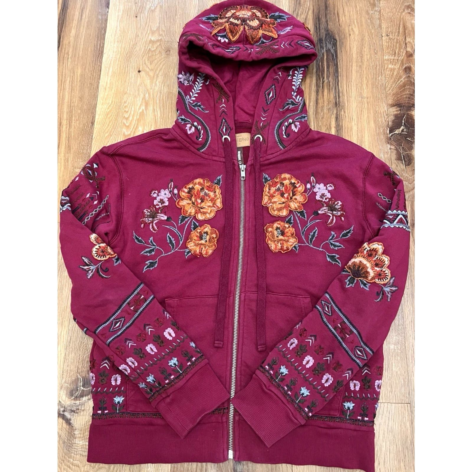 Vintage Driftwood Hoodie Shirt Maroon Floral Embroidered Zip Up Long Sleeve Hooded XS Women Size XS / US 0-2 / IT 36-38 - 2 Thumbnail