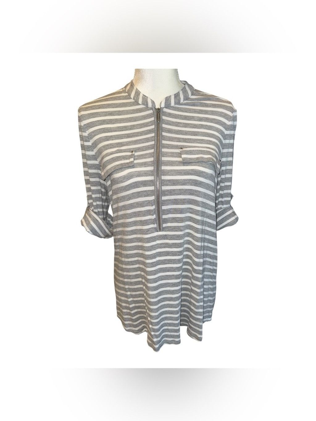 Calvin Klein Calvin Klein Grey and White Striped Half-Zip Tunic Top #86 Size L / US 10 / IT 46 - 1 Thumbnail