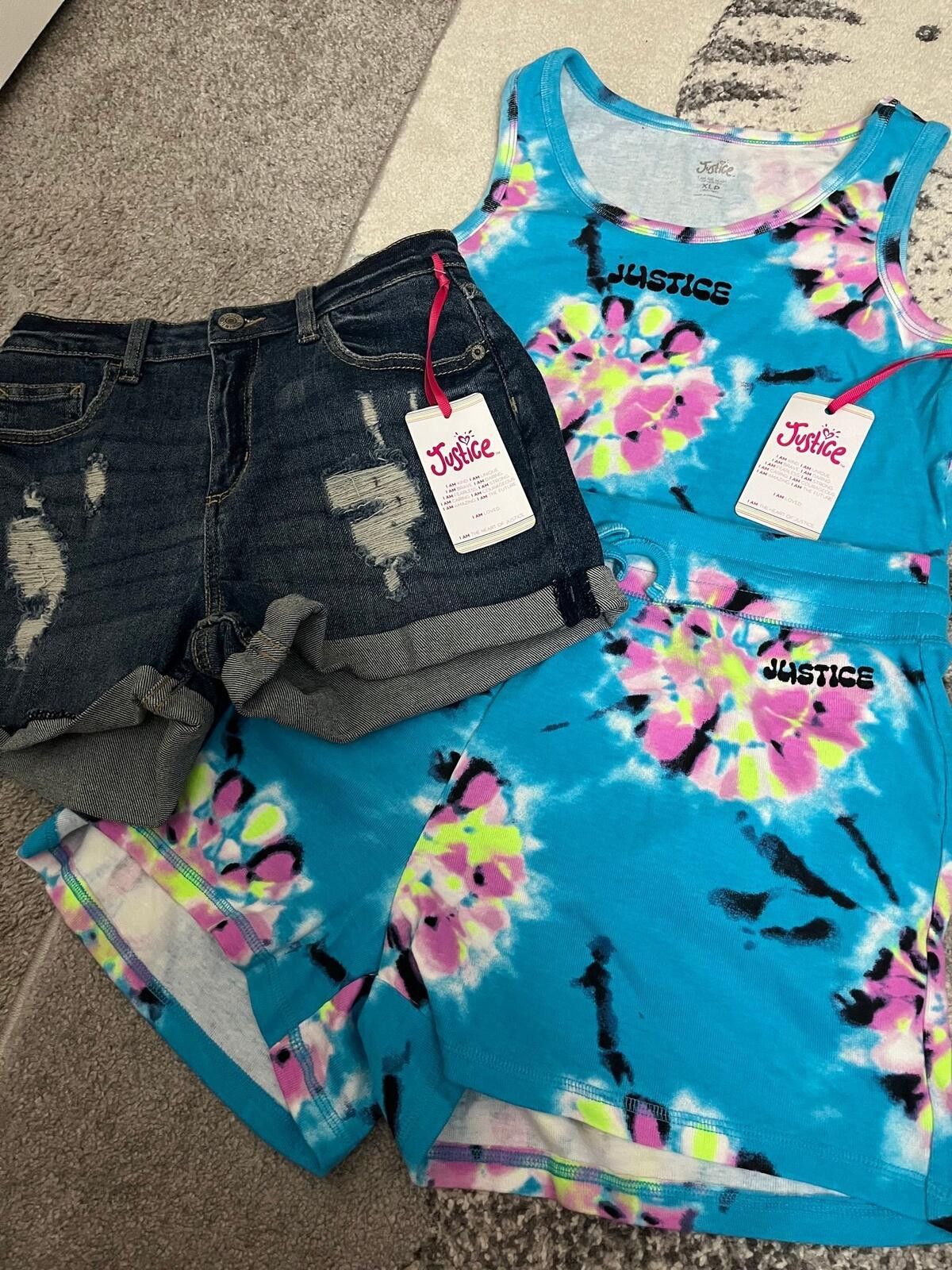 Other Justice Girls Size 16 Outfit Set NWT Tie Dye+Denim Shorts Size ONE SIZE - 3 Thumbnail