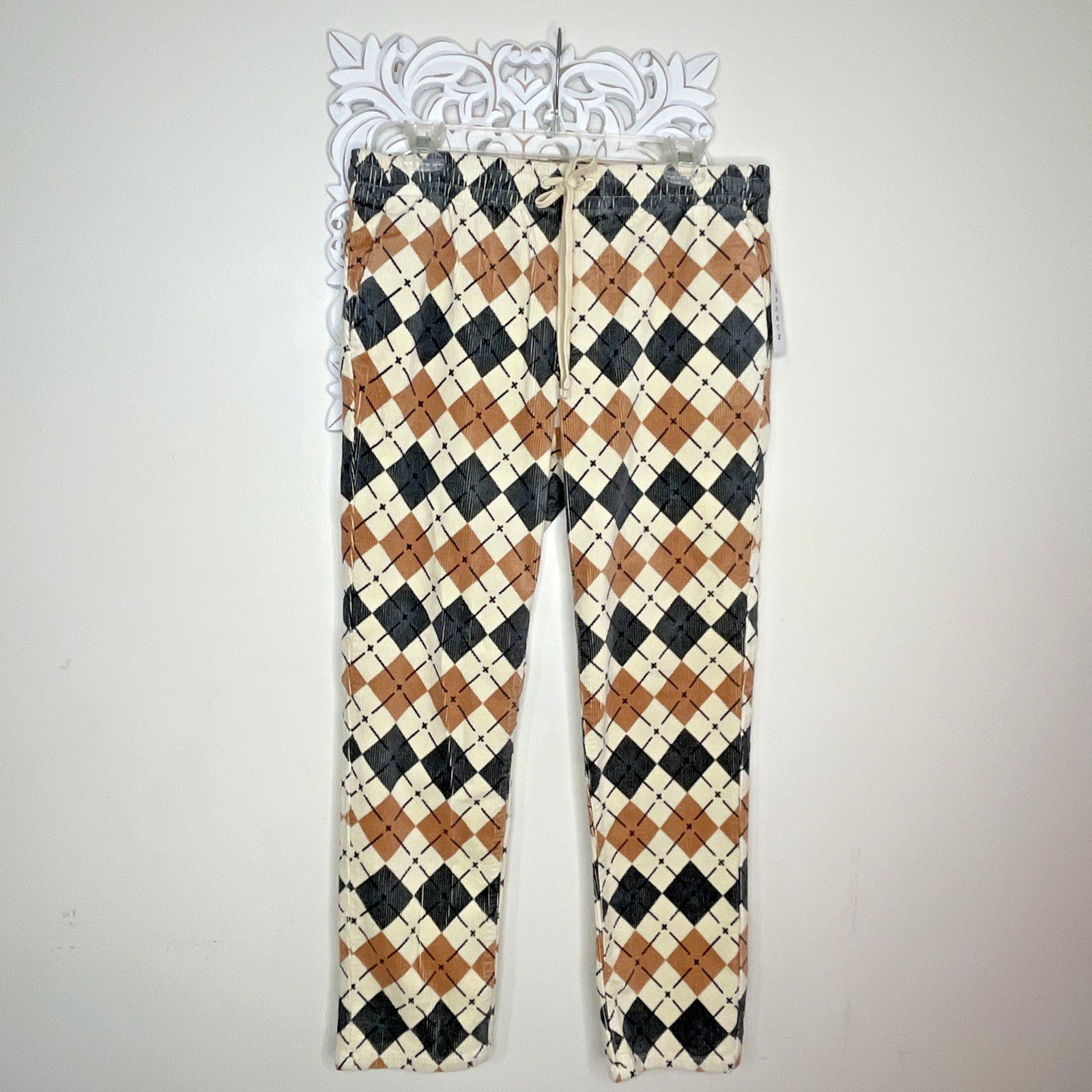 Pacsun PACSUN M Slim Argyle Corduroy PANTS Elastic Waist TAN GRAY Size 33" - 1 Thumbnail