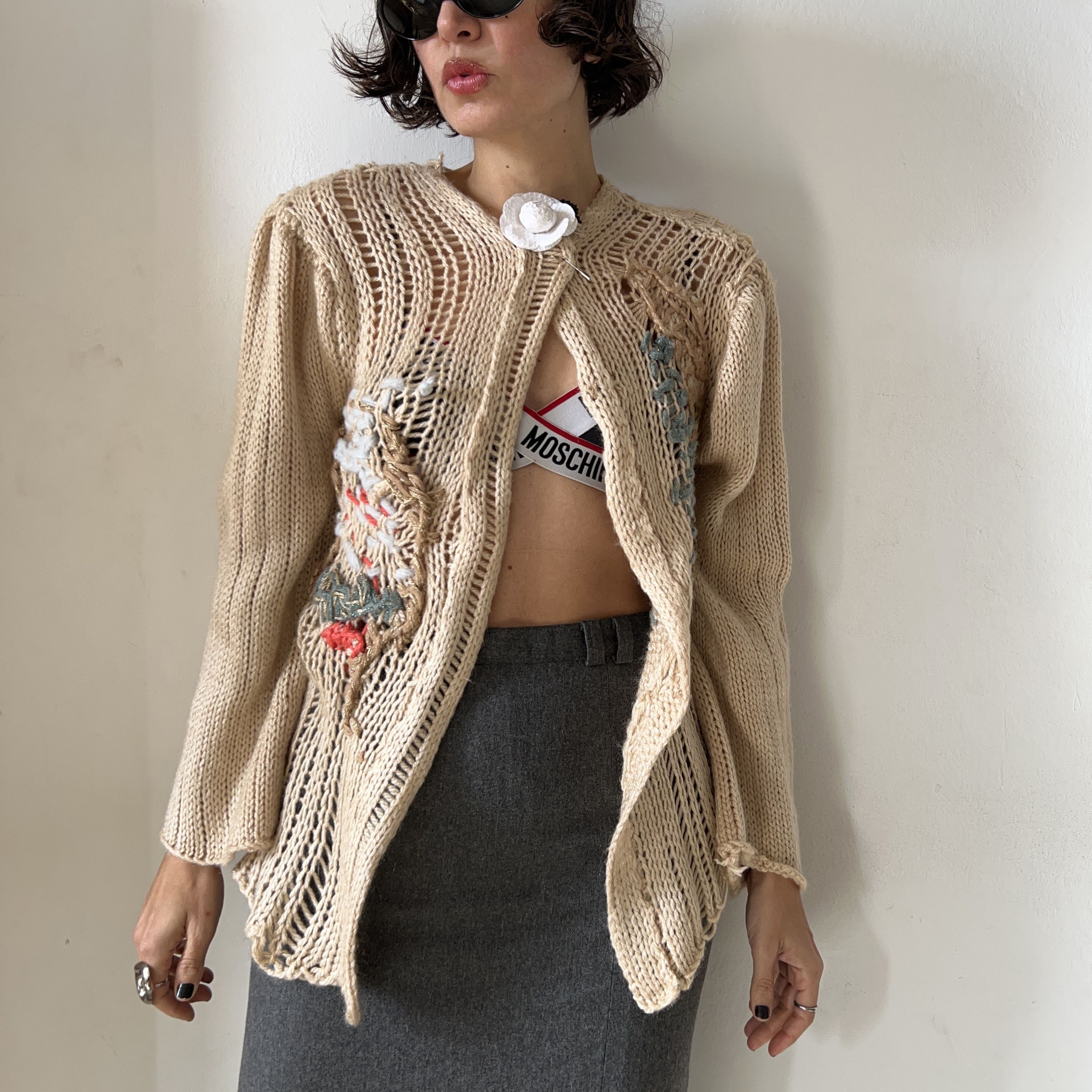 Designer × Handmade Hand knitted crochet tapestry beige open cardigan Size S / US 4 / IT 40 - 5 Thumbnail