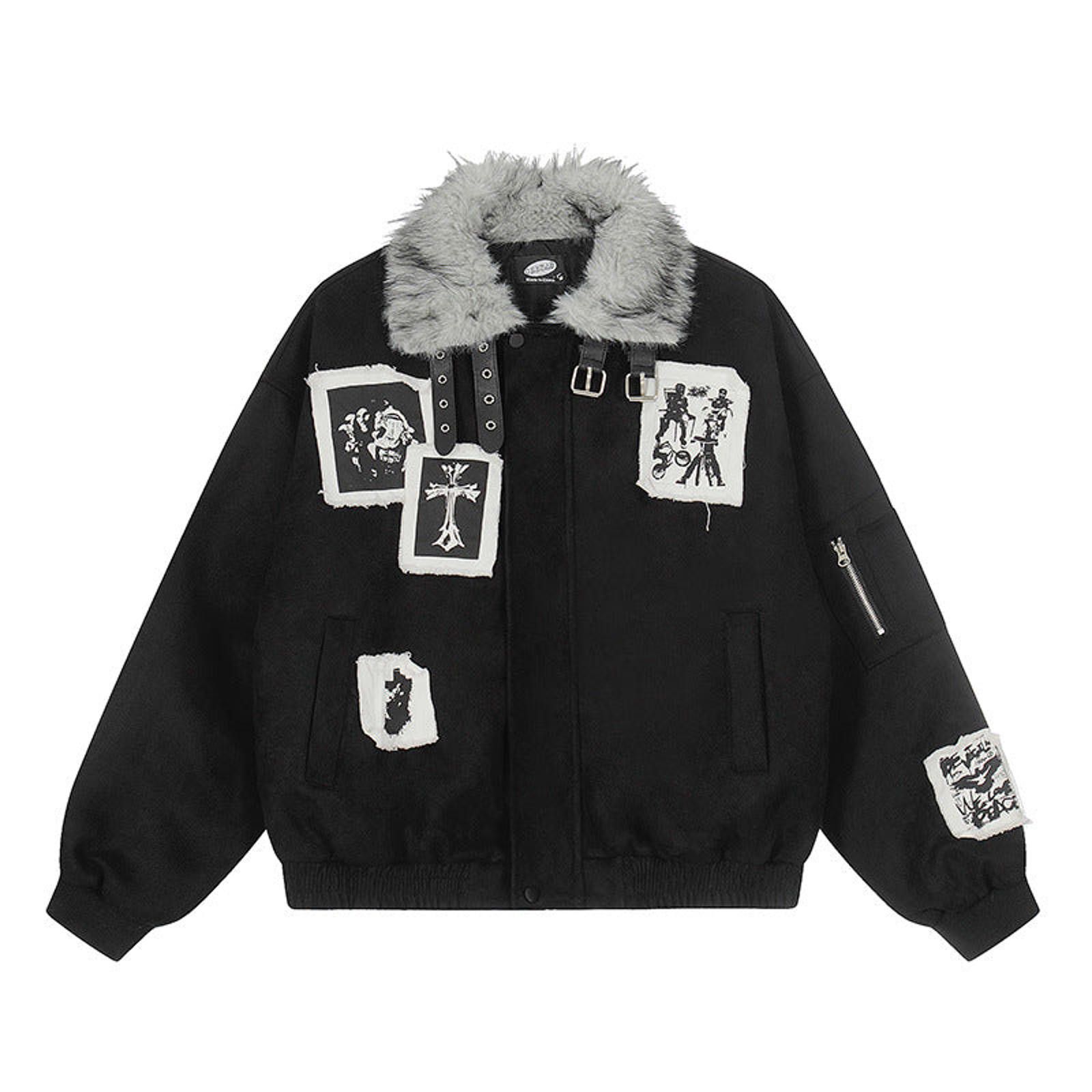 Japanese Brand Gray Faux Fur Collar Varsity Jacket with Patch Details Size US L / EU 52-54 / 3 - 5 Thumbnail