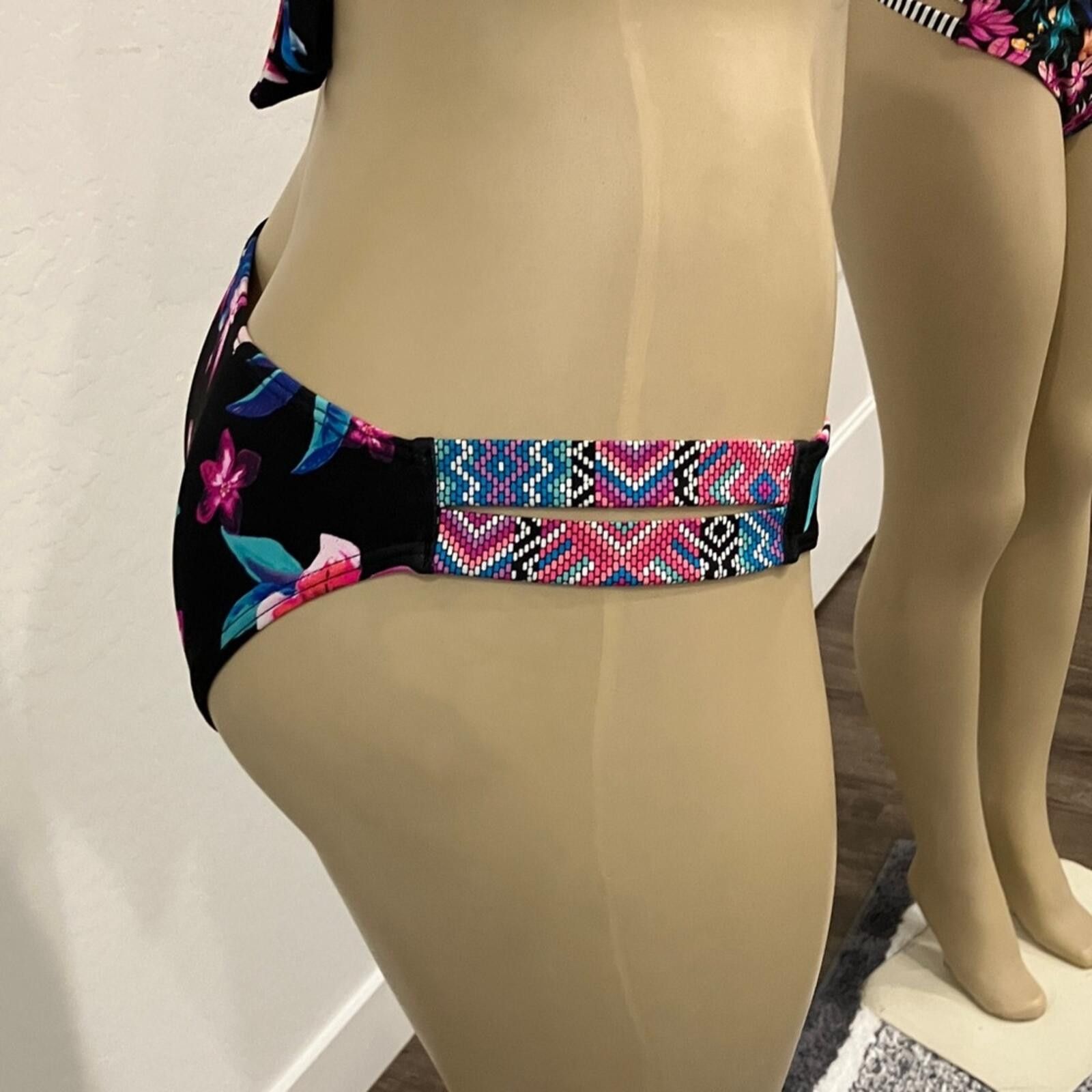 Sundae School Hot Pink Women's Bikini Set -Black Floral Two-Piece Swimwear Size ONE SIZE - 11 Thumbnail