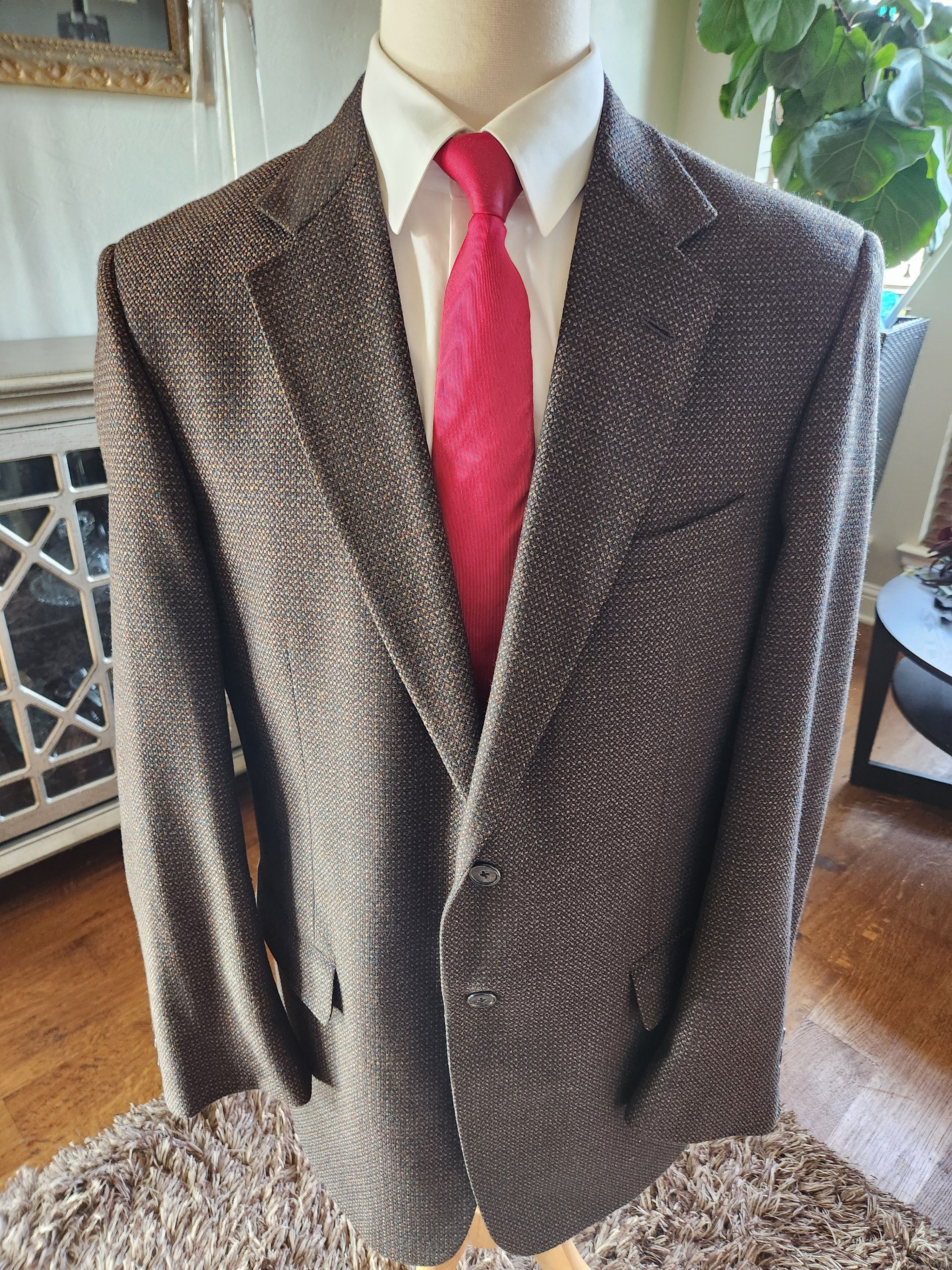 Tallia Vintage Men's 100% Wool Dark Brown Tweed 2 Button Blazer Size 44L - 1 Thumbnail