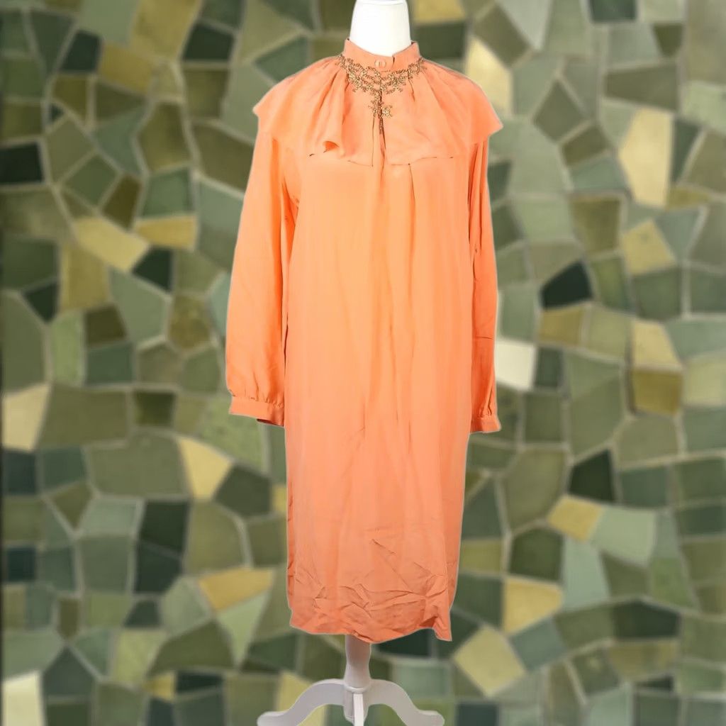 Vintage VINTAGE 80s Orange Silk Long Sleeve Sheath Midi Dress 12 Women Adults Party Cocktail Spring Fall 100% Silk Size XL / US 12-14 / IT 48-50 - 1 Thumbnail