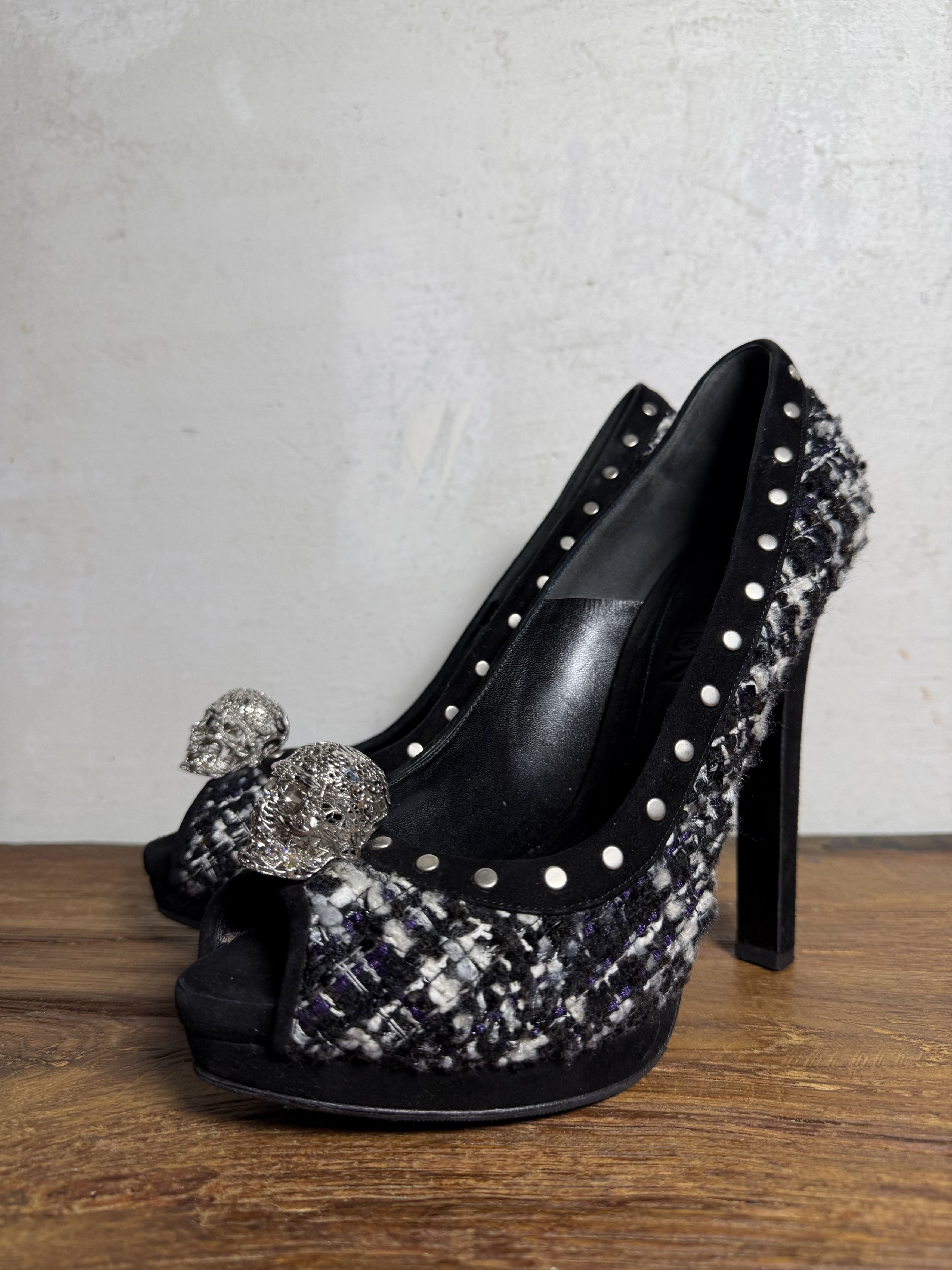 Alexander McQueen Alexander McQueen Tweed Studded Skull Peep Toe Pump Shoes Size US 9.5 / IT 39.5 - 1 Thumbnail