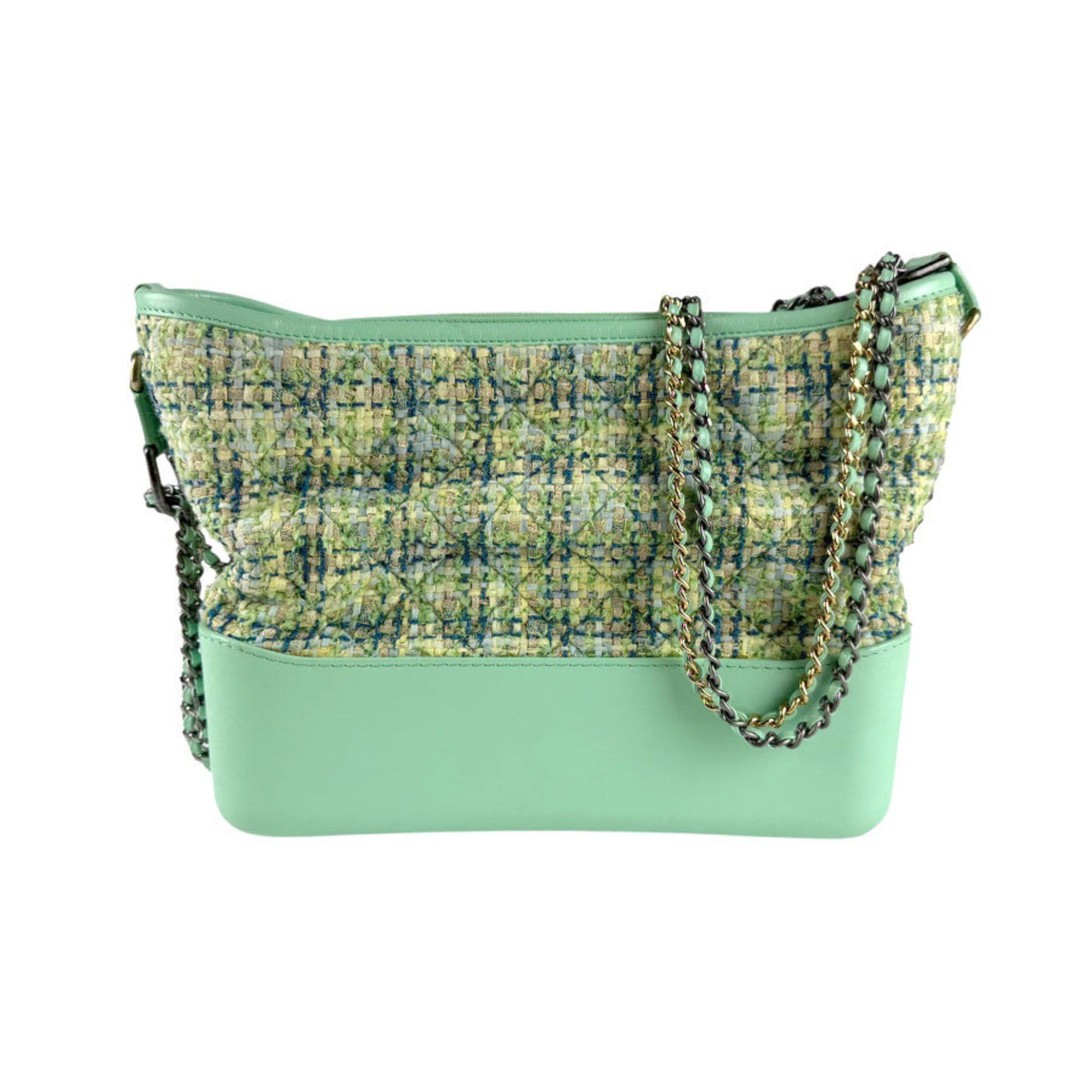 Chanel Shoulder Bag Gabriel Hobo Tweed Leather Green Women's Z4784