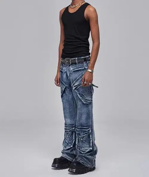 Jean Vintage washed distressed deconstructed multi-pocket jeans Size US 32 / EU 48 - 3 Thumbnail