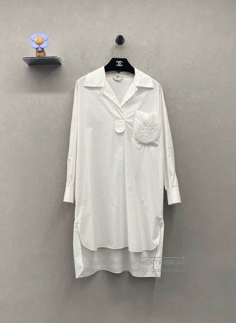 Fendi Fendi Pocket Logo Embroidered White Shirt Dress, Cotton Fa Size 4XL / US 24-26 - 1 Thumbnail