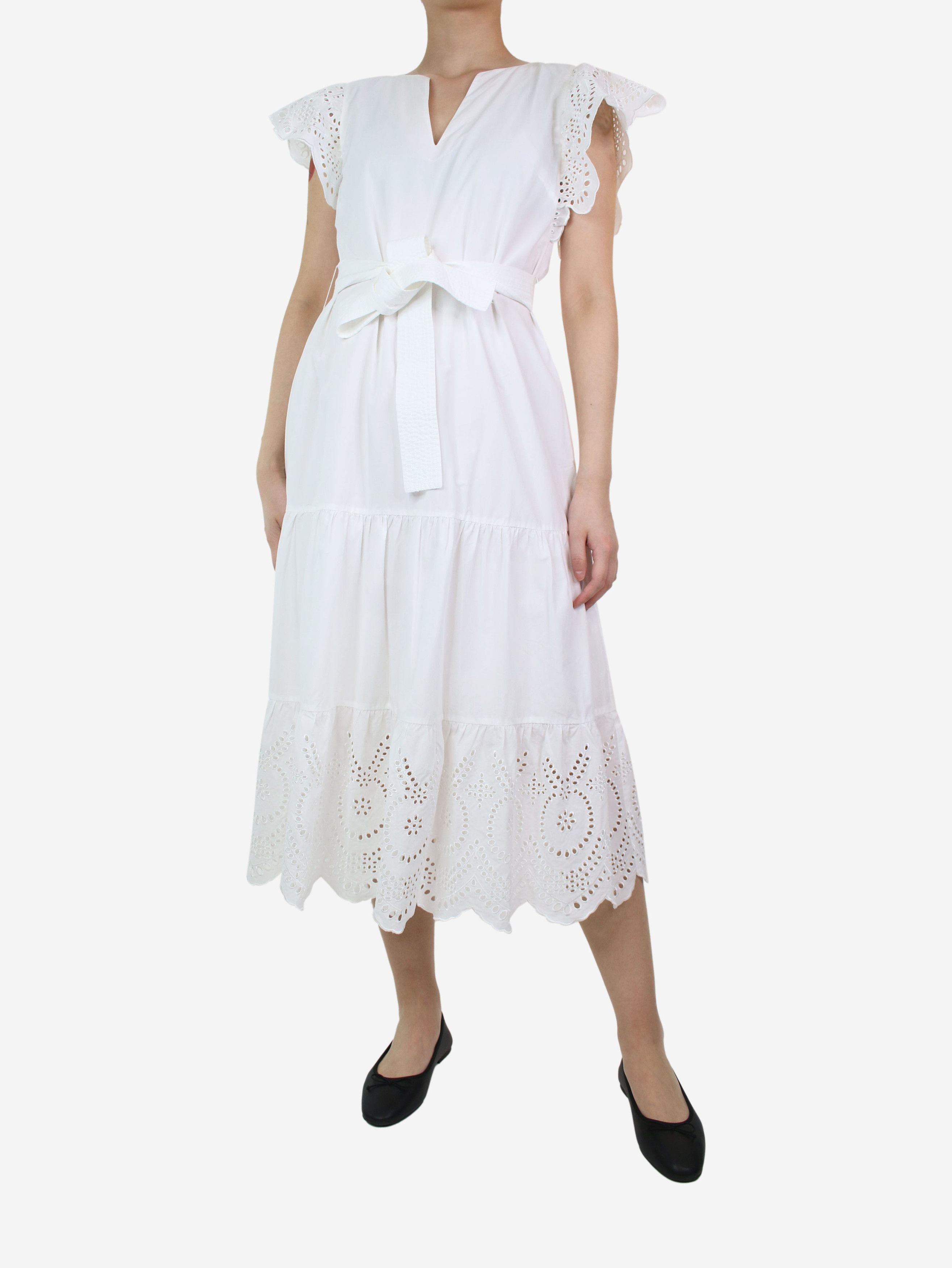 image of Rails White Short-Sleeved Embroidered Midi Dress - Size S, Women's