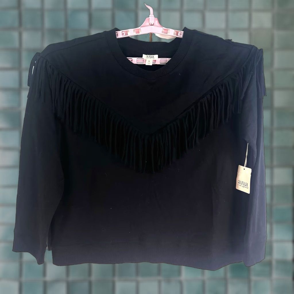 Vintage a.n.a. Fringe Western Long Sleeve Top Womens XL White Knit Cotton Blend Pullover Fringe 90s Western Style Womens Size XL Size XL / US 12-14 / IT 48-50 - 1 Thumbnail
