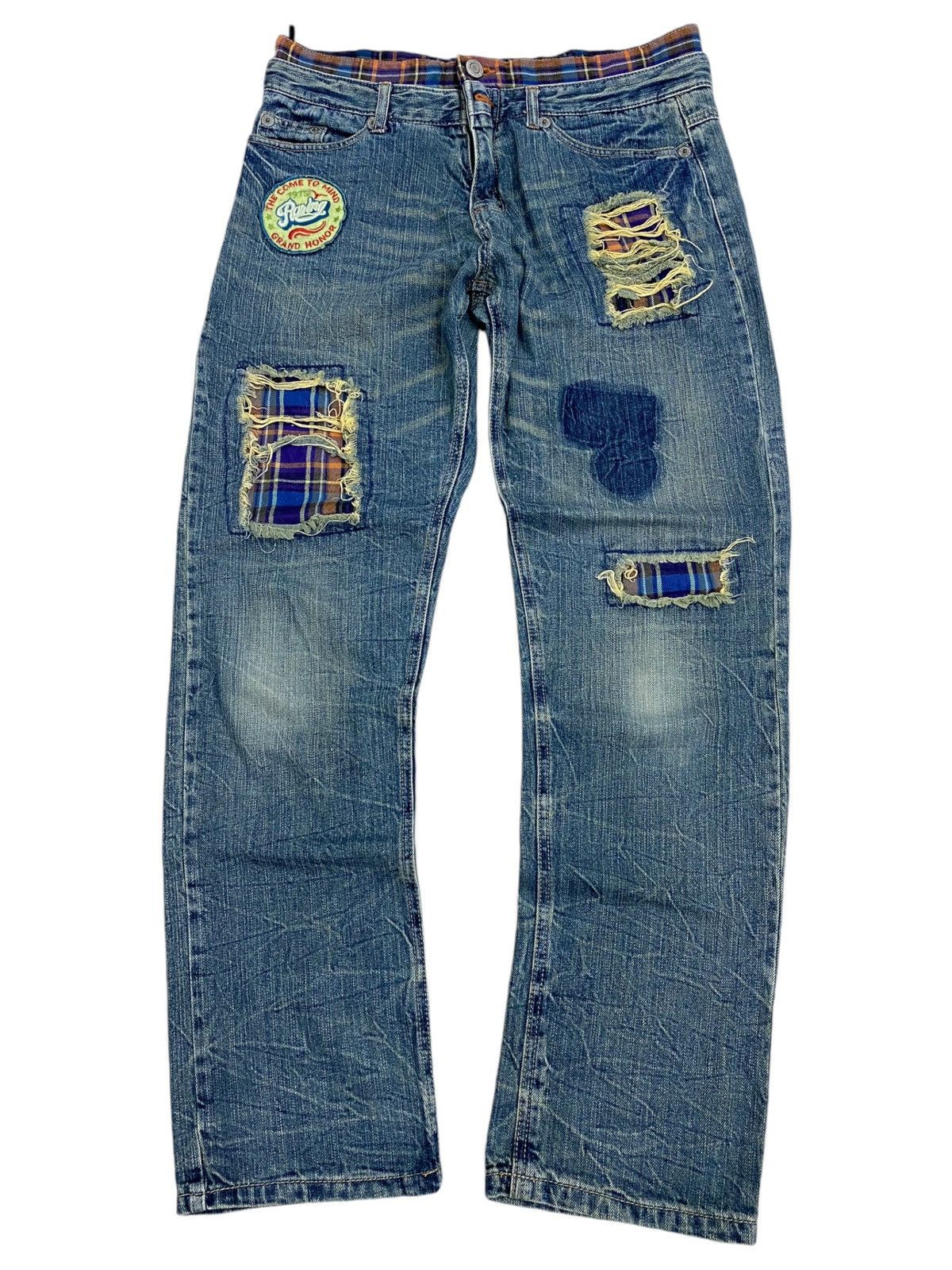 If Six Was Nine × Japanese Brand × Le Grande Bleu (L.G.B.) Grand Honor Denim Patchwork Tartan Distressed Double Waist Size US 31 - 2 Thumbnail