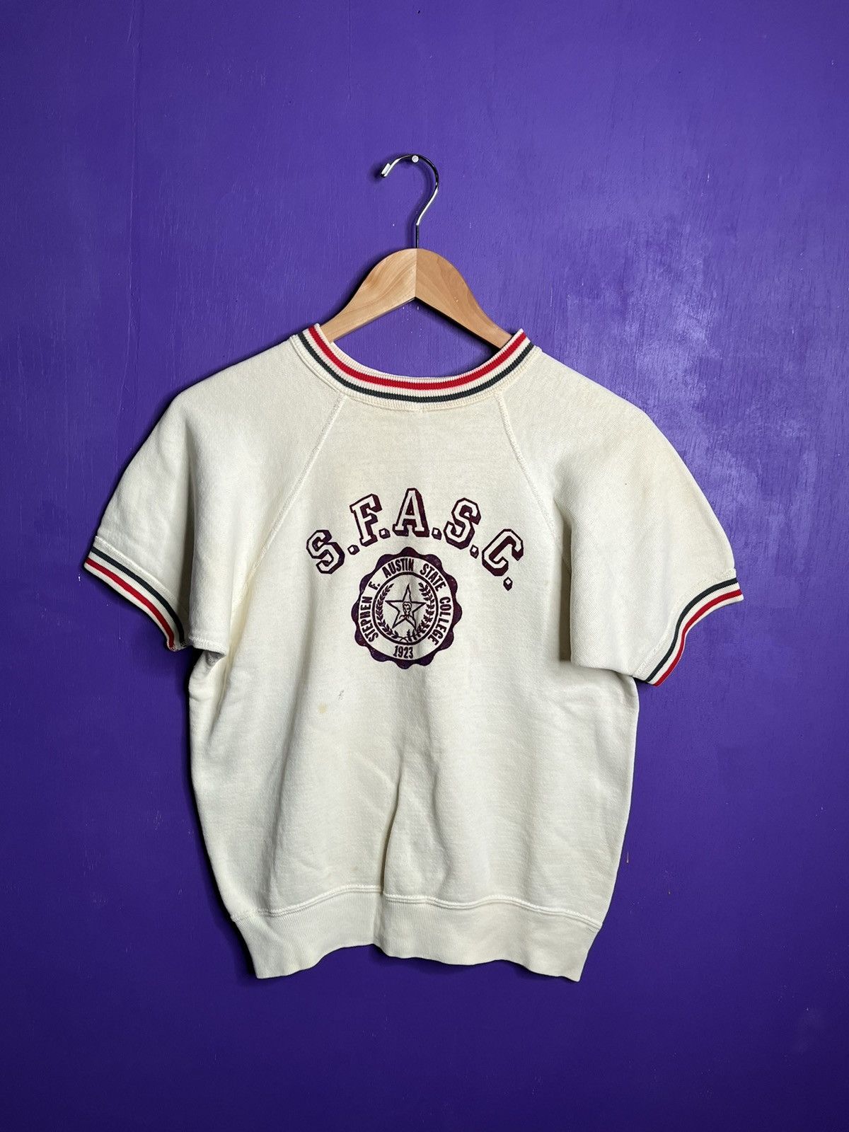 image of American College x Made In USA Vintage 50S/60S Stephen F Austin Short Sleeve Sweatshirt in Cream (S