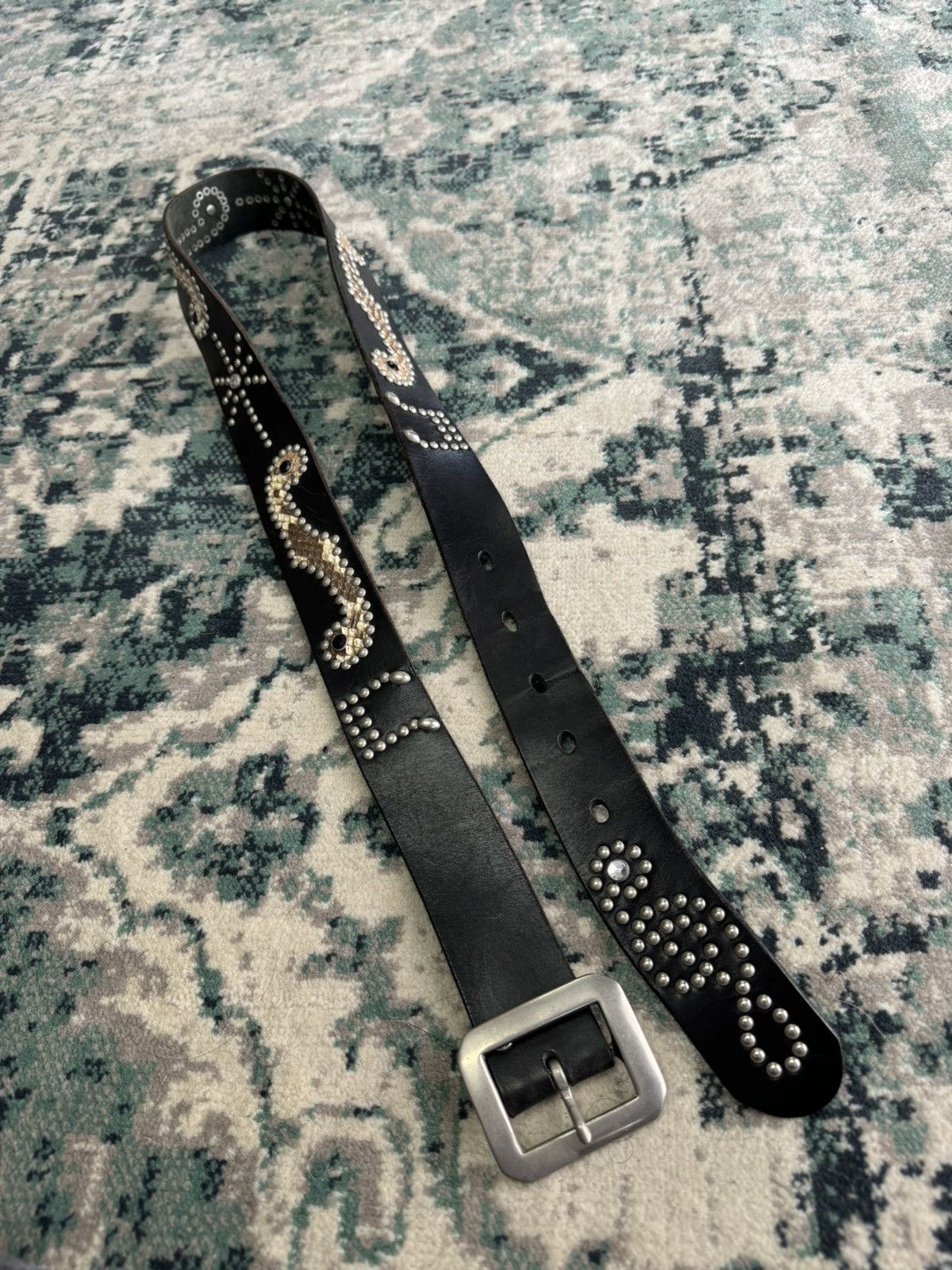 Japanese Brand GARRISON RHINESTONE STUDDED LEATHER BELT ENGRAVED Size 38 - 8 Thumbnail