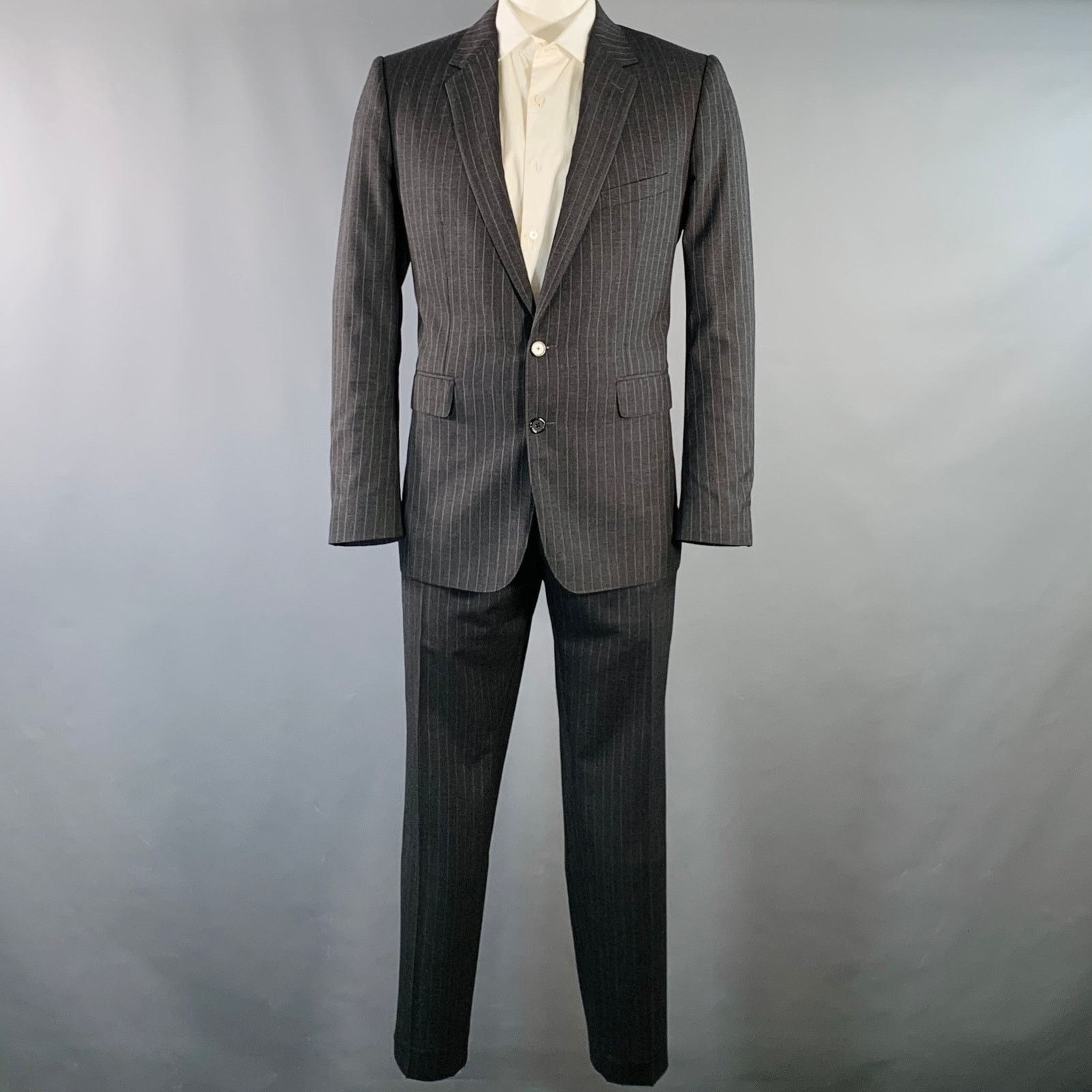 Celine Size 44 Regular Grey Charcoal Stripe Wool Polyester Suit Size 44R - 2 Thumbnail