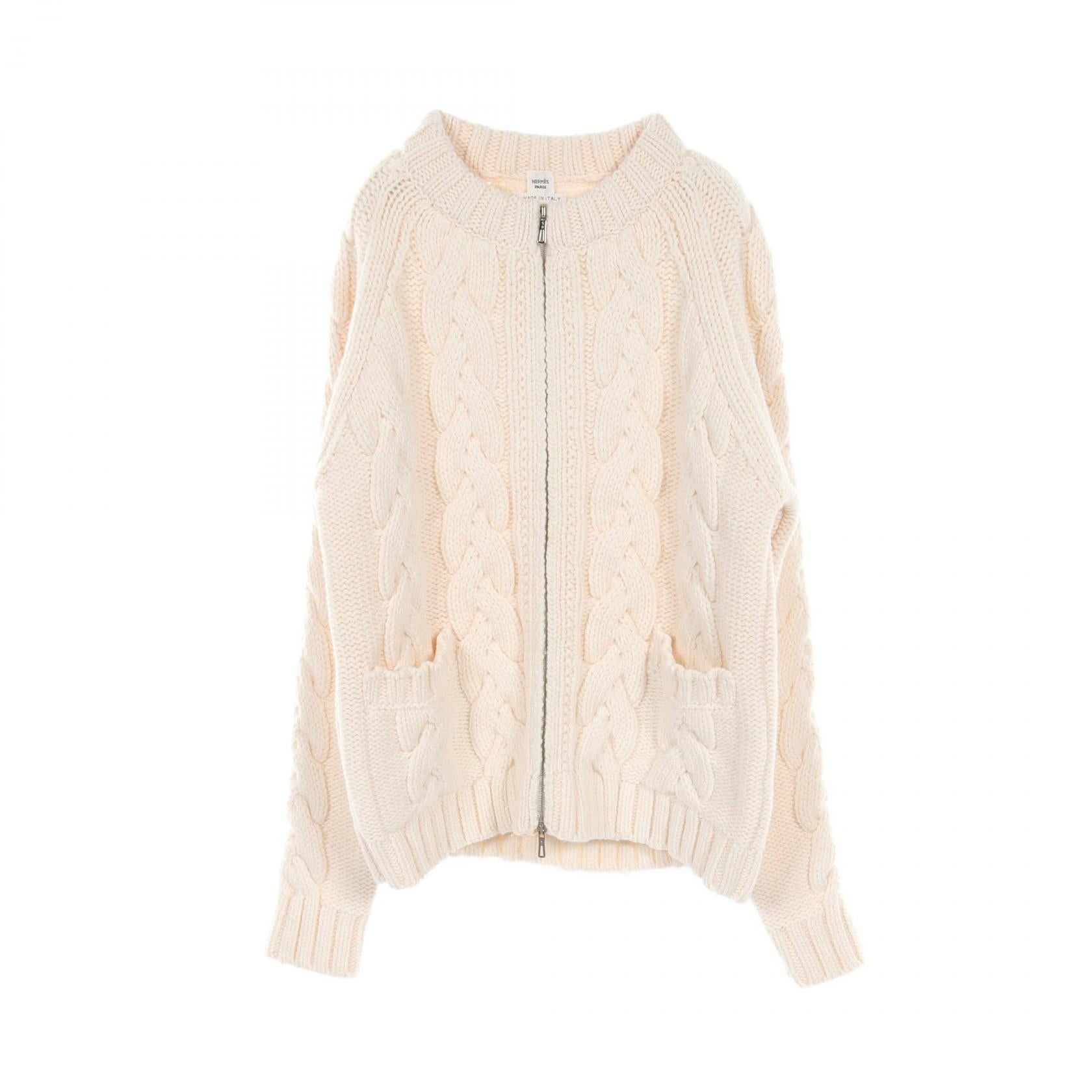 Hermes Hermes Cable Knit Zip Up Cardigan Wool Cashmere Mohair Ivory Size ONE SIZE - 1 Thumbnail