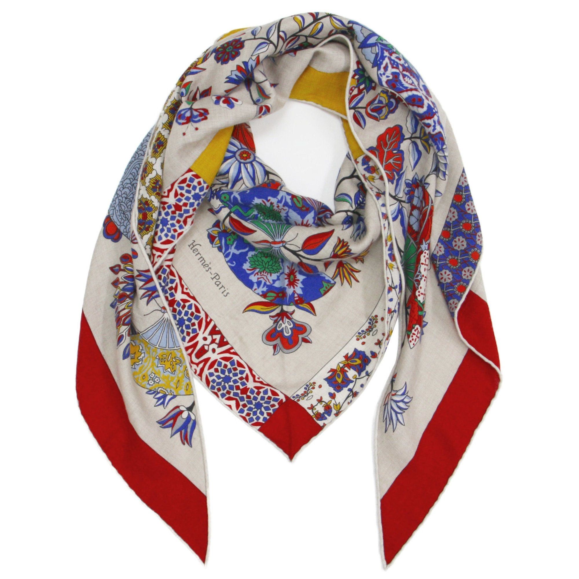 image of Hermes Muffler/scarf Stole Beige Red Triangle Jean Cashmere Silk Flower Blooming Fabric in White, W