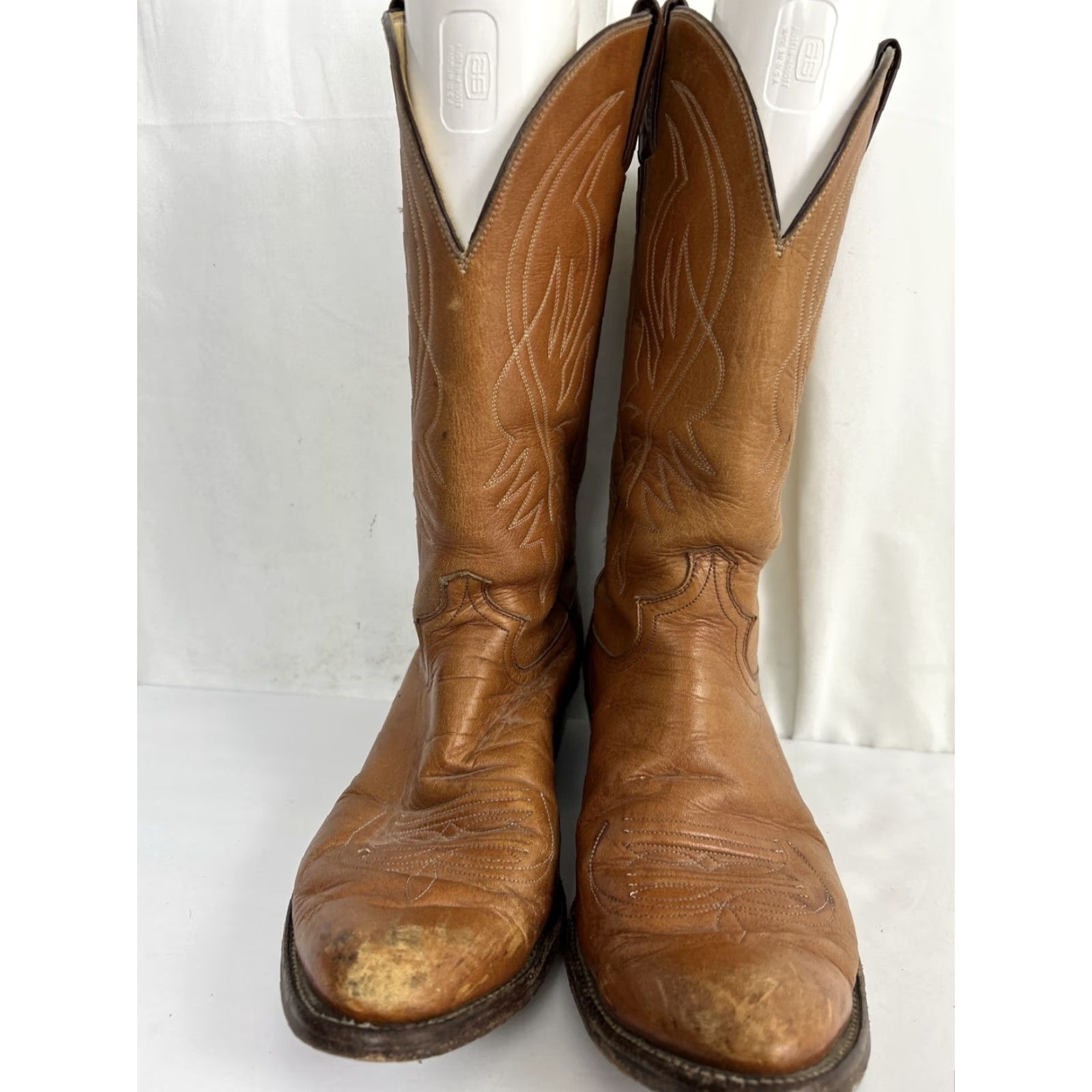 Justin Boots VINTAGE Justin Boots Mens 10 Brown Leather Cowboy Western Boots Pull-on Mid-Calf Pointed Toe USA Mens Size US 10 / EU 43 - 7 Thumbnail