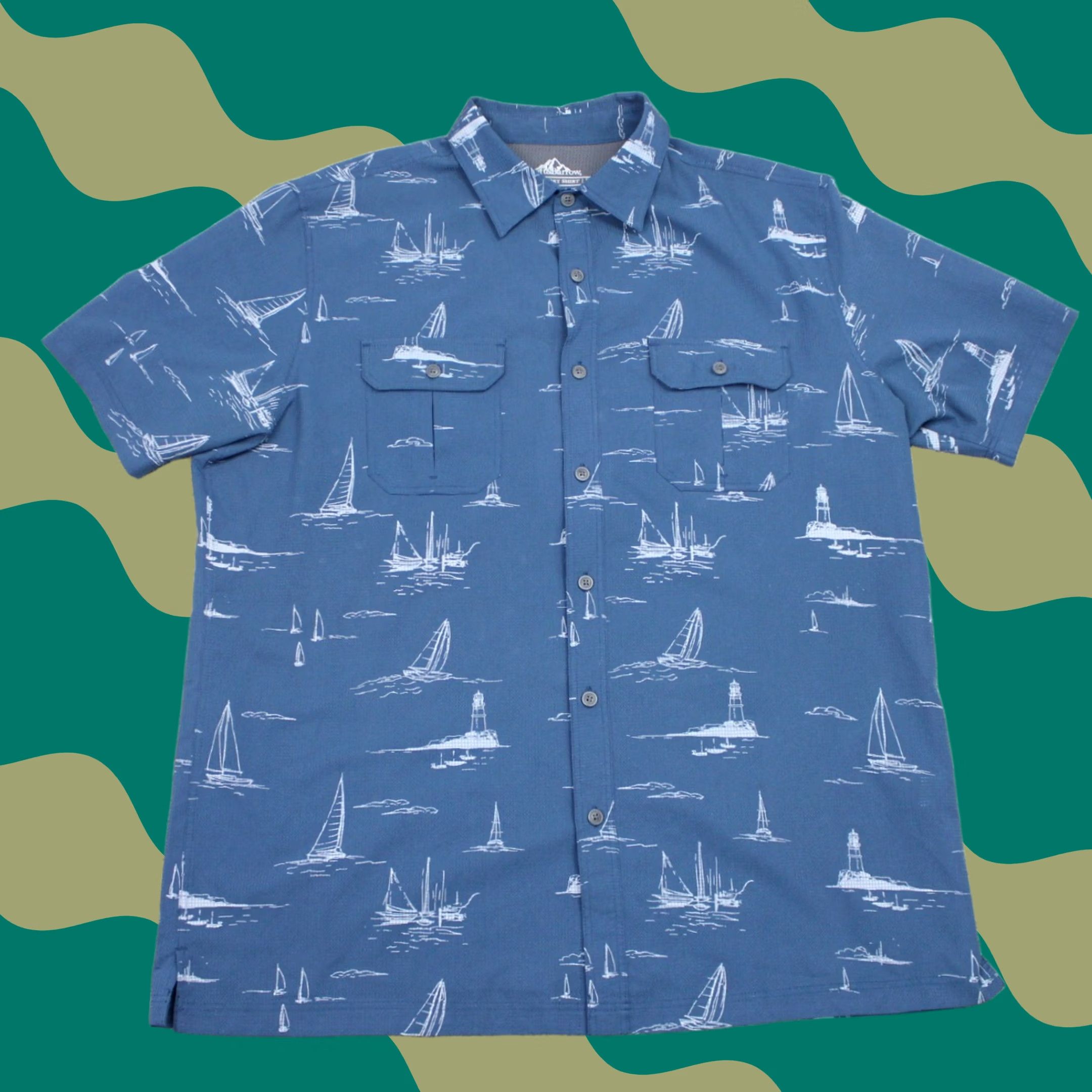 Croft & Barrow Croft & Barrow Shirt Mens Large Blue Lighthouse/Sailboat Quick Dry Short Sleeve Button-Up Polo? Size US L / EU 52-54 / 3 - 1 Thumbnail