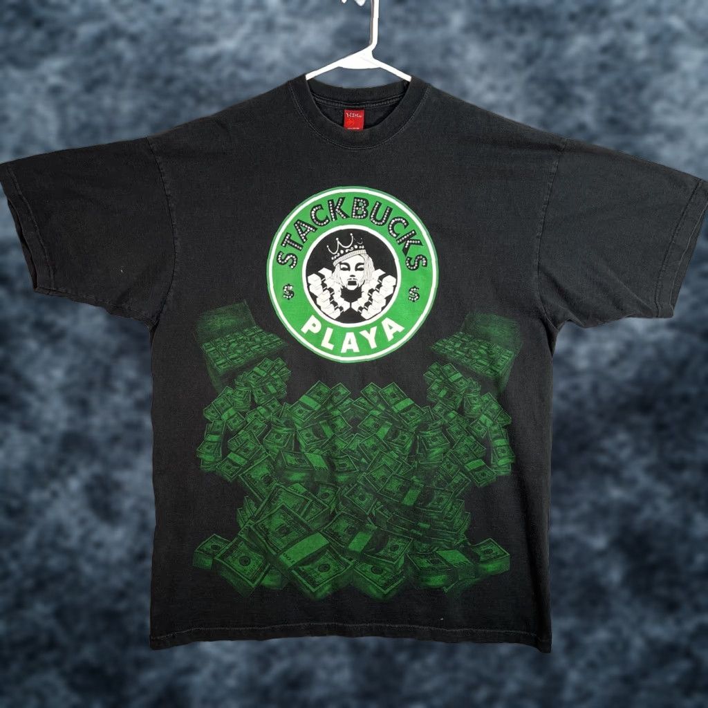 VINTAGE 2000s Y2K Stackbucks Parody T Shirt Adult 4XL Black Mens