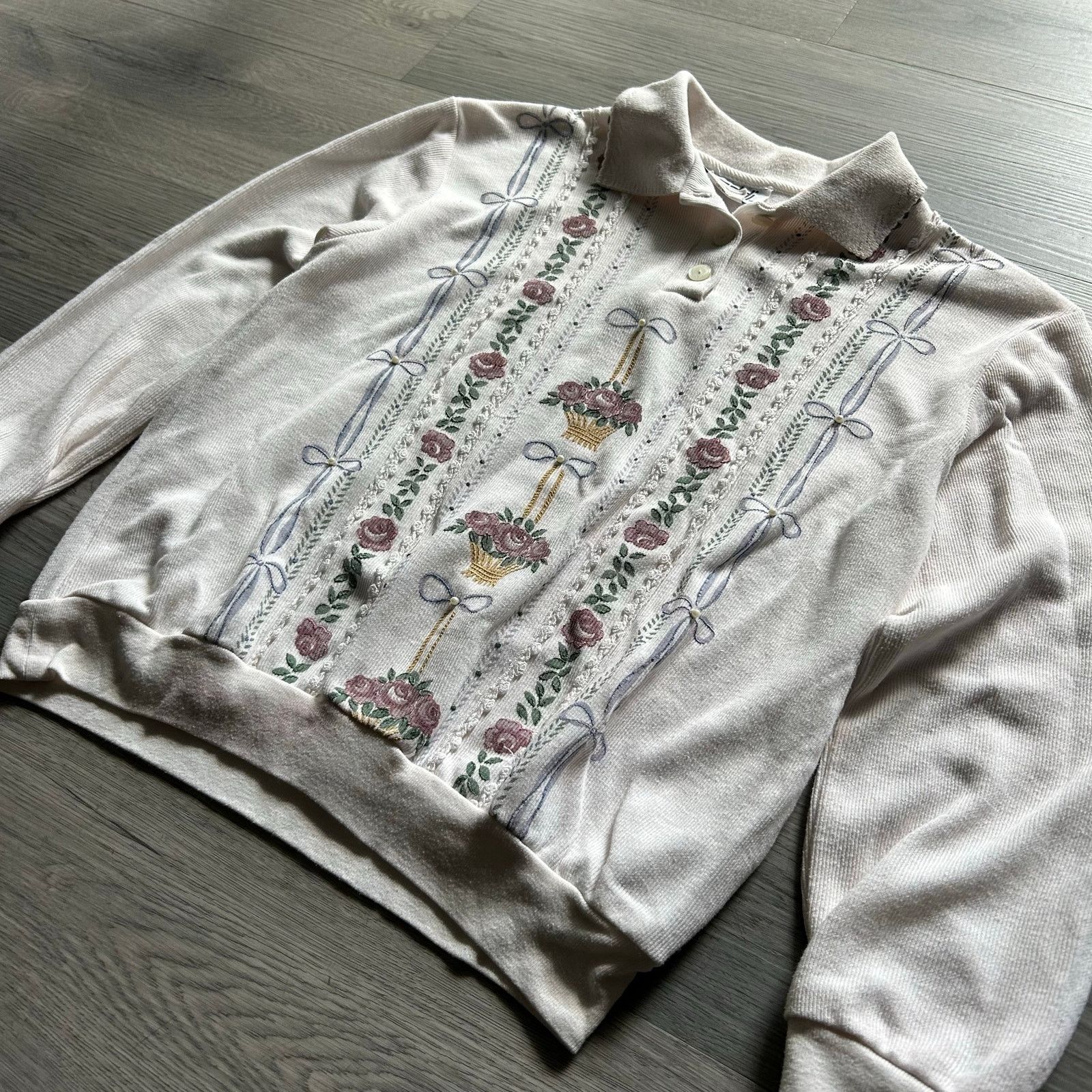 Other Vintage 80s cottage core Floral Embroidered Knit Polo Shirt Size L / US 10 / IT 46 - 2 Thumbnail