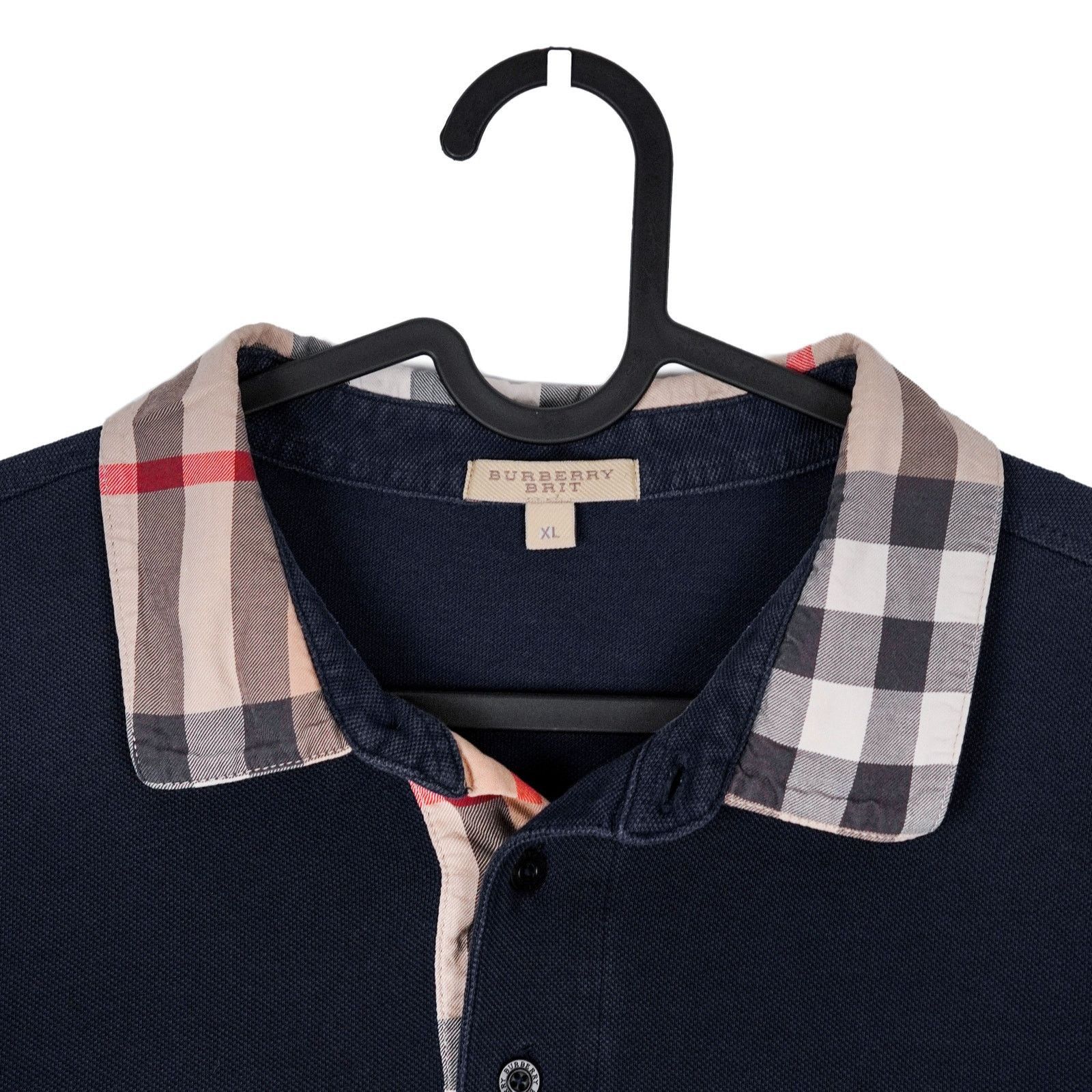Vintage Burberry Brit Navy Blue Check Collar Logo Polo Shirt
