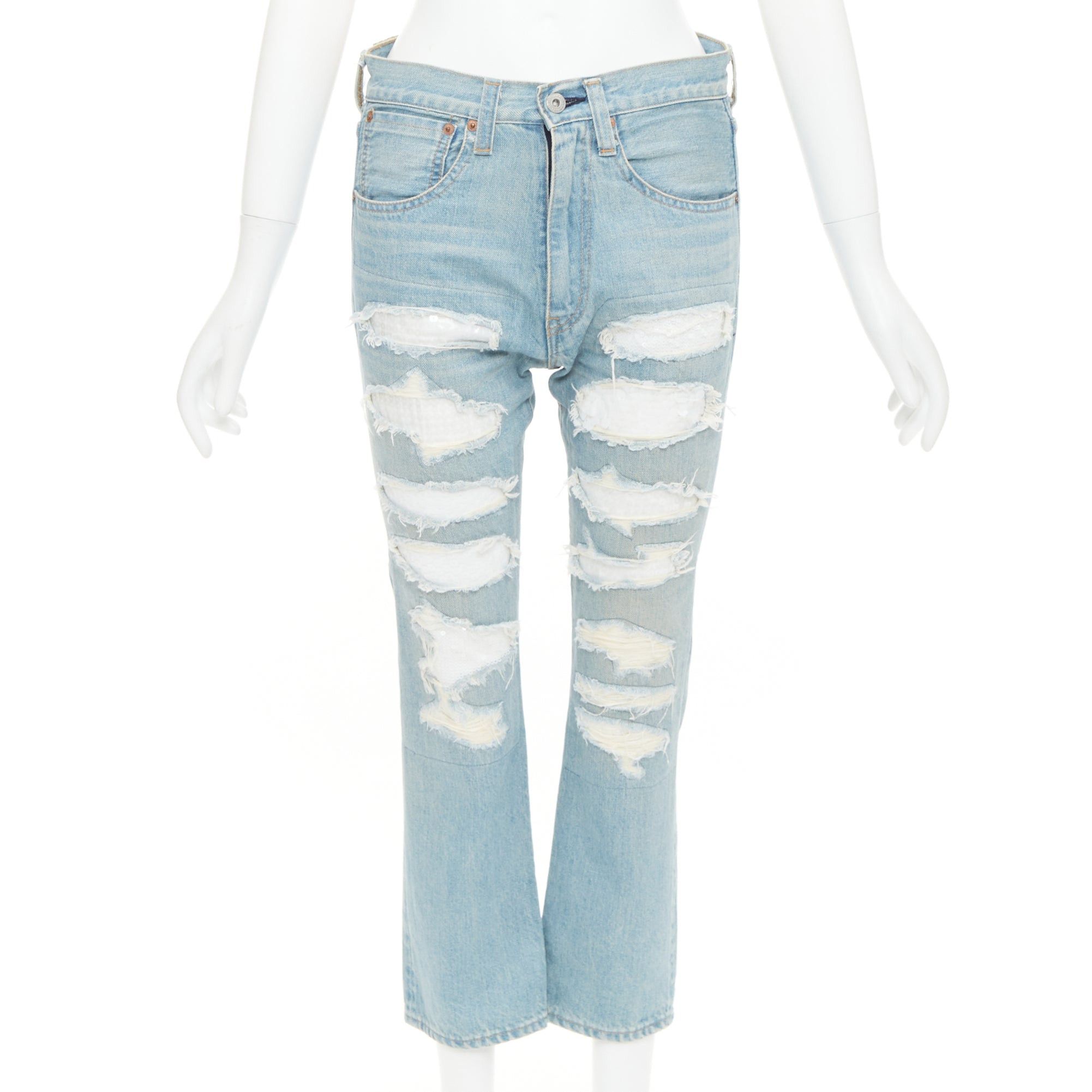 Junya Watanabe JUNYA WATANABE DENIM 2020 light blue white sequin embellished distressed mid rise jeans XS Size 26" / US 2 / IT 38 - 1 Thumbnail