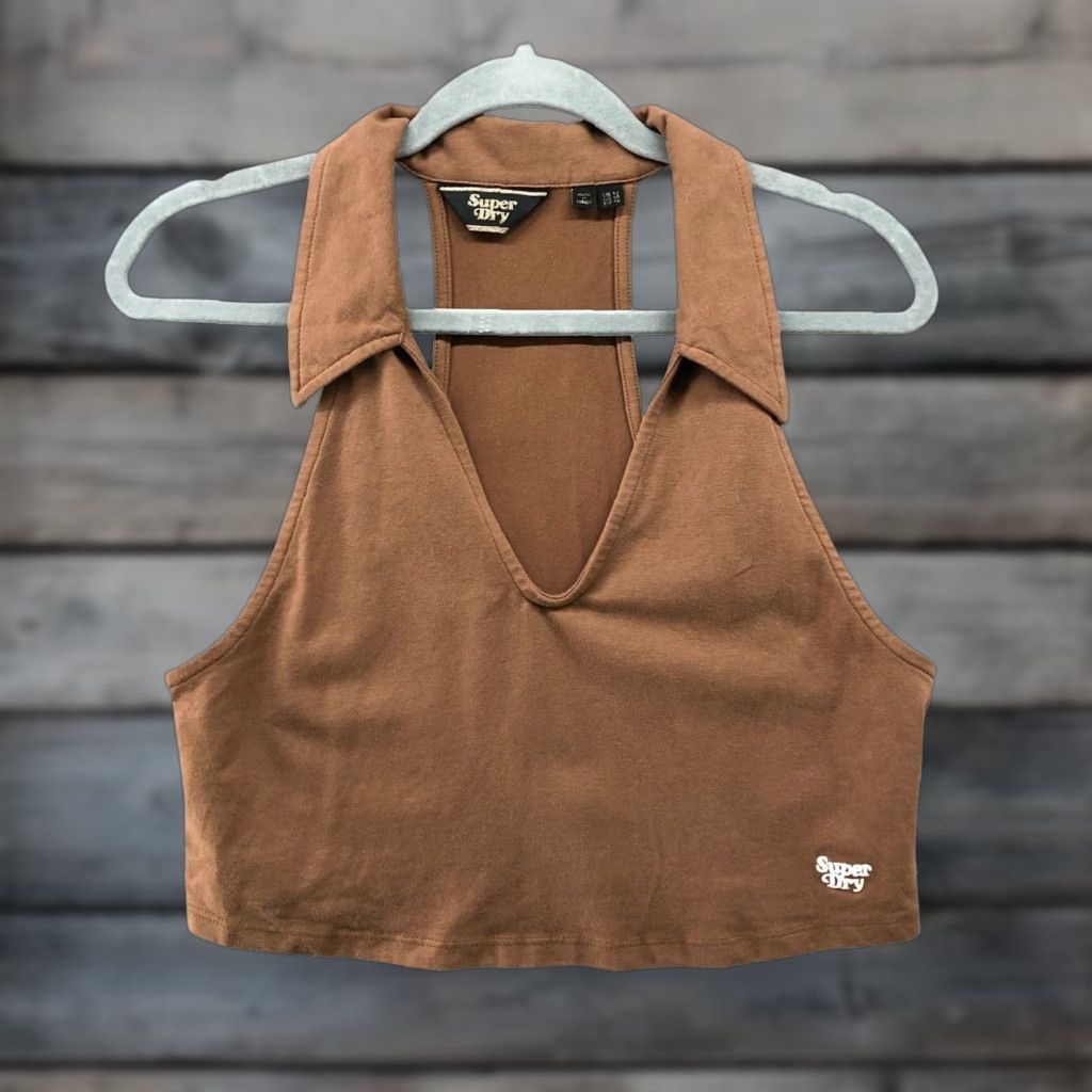 Superdry Superdry Cropped Tank Top Womens Size 10 Brown V-Neck Sleeveless Shirt Casual Crewneck Knit Cotton Blend Modern Cropped 10 Womens Brown V-Neck Tank Size L / US 10 / IT 46 - 1 Thumbnail